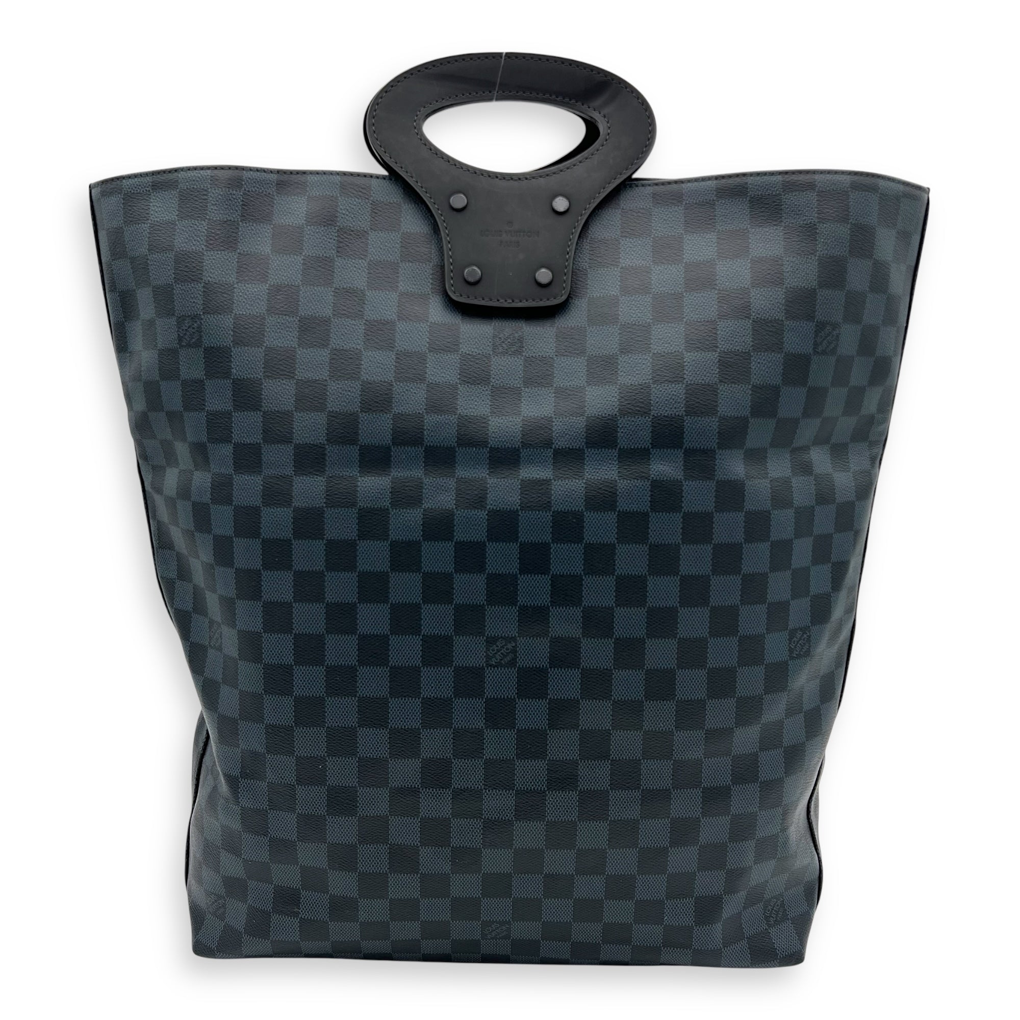 North South Tote Damier Top Handle Bag Blue in Coated Canvas, black hardware