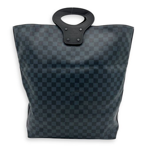 North South Tote Damier Top Handle Bag Blue in Coated Canvas, black hardware