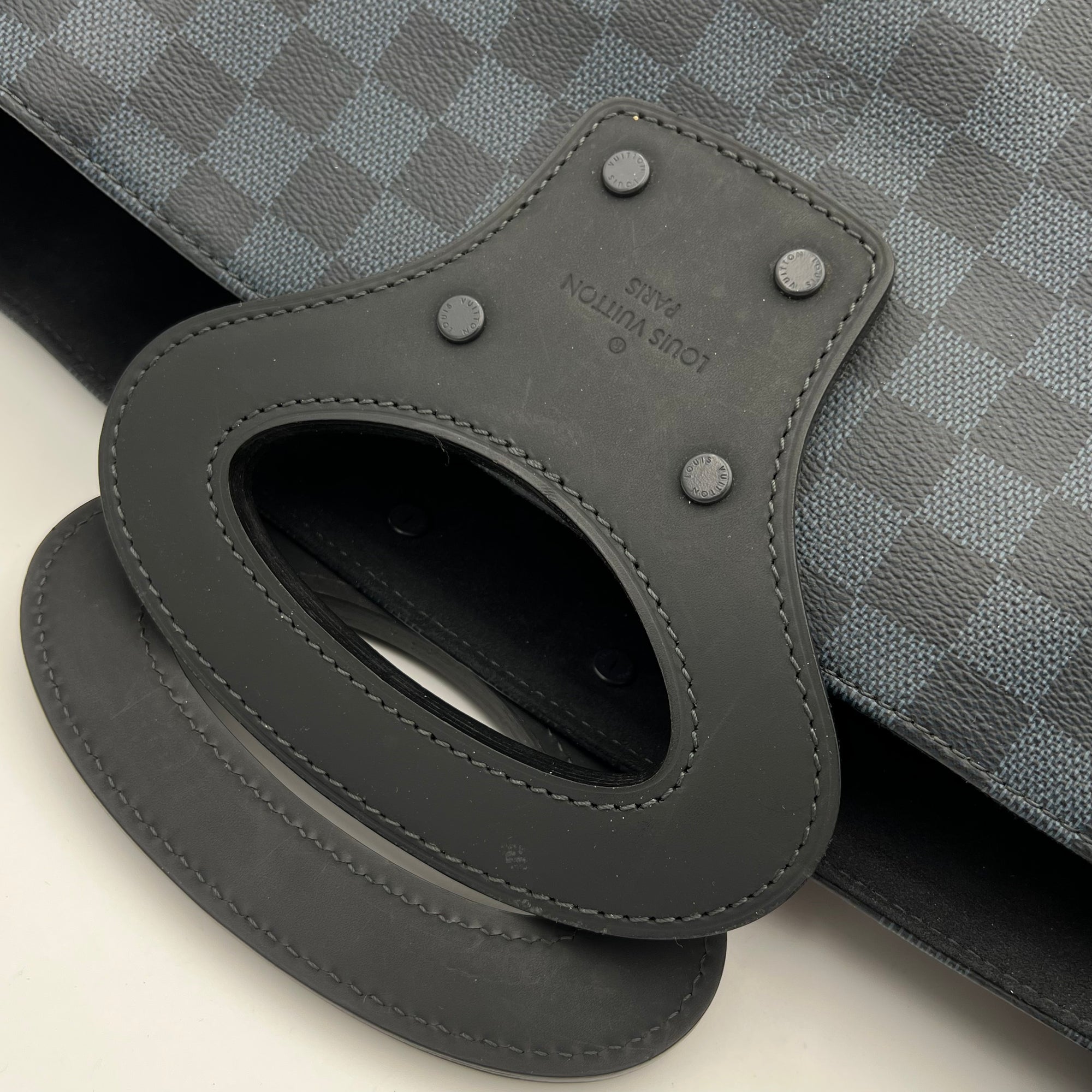 North South Tote Damier Top Handle Bag Blue in Coated Canvas, black hardware