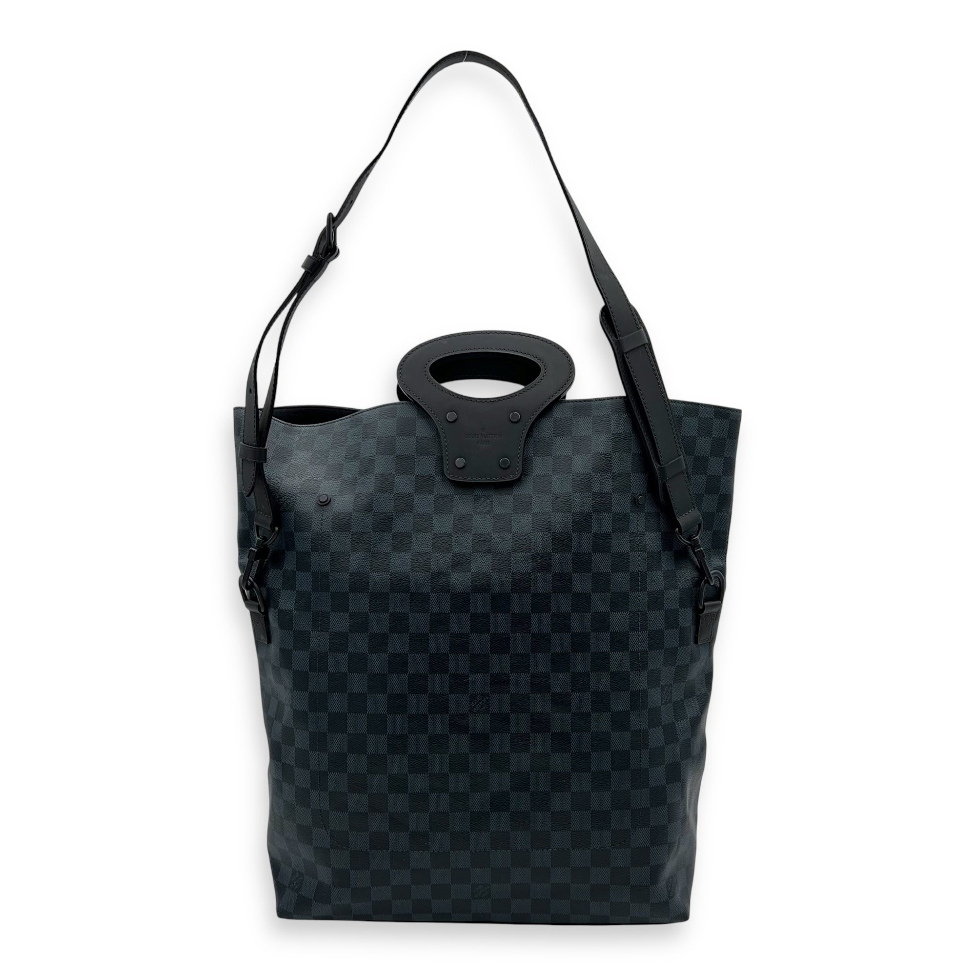 North South Tote Damier Top Handle Bag Blue in Coated Canvas, black hardware