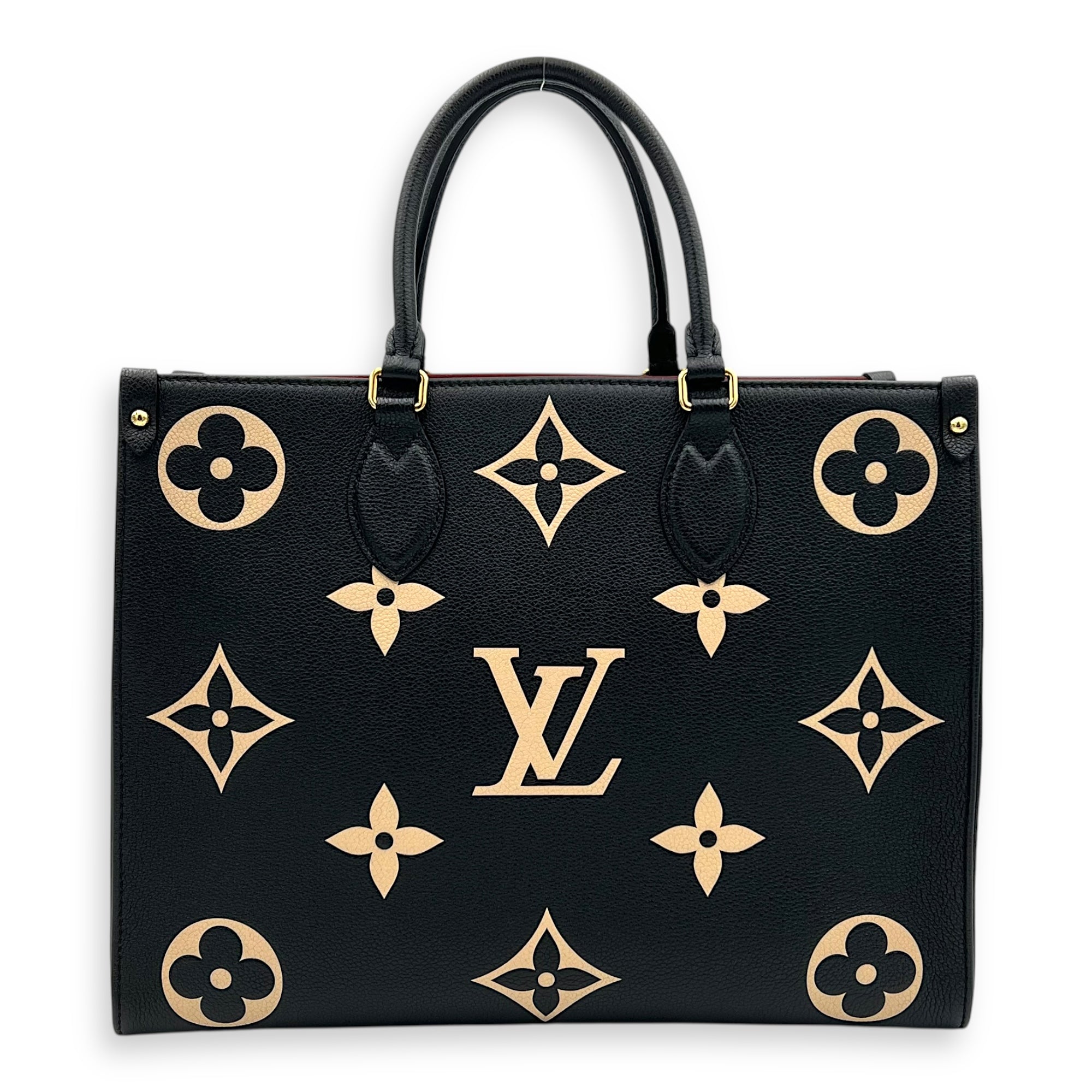 OnTheGo MM Blue Top Handle Bag in Empreinte Leather, Gold hardware