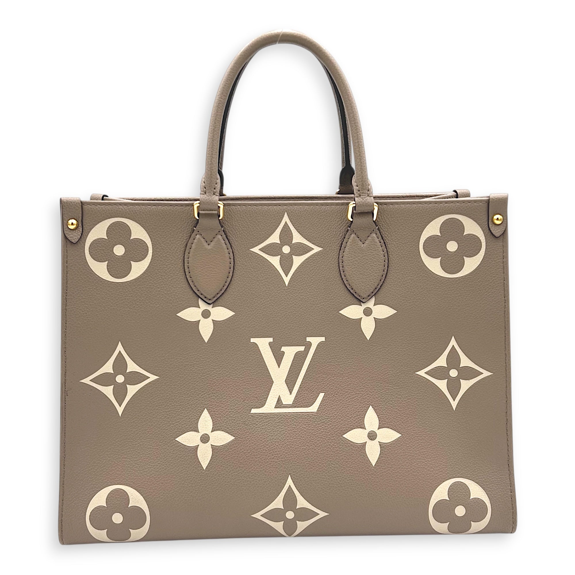 OnTheGo Top Handle Bag MM Beige in Empreinte Leather, Gold hardware