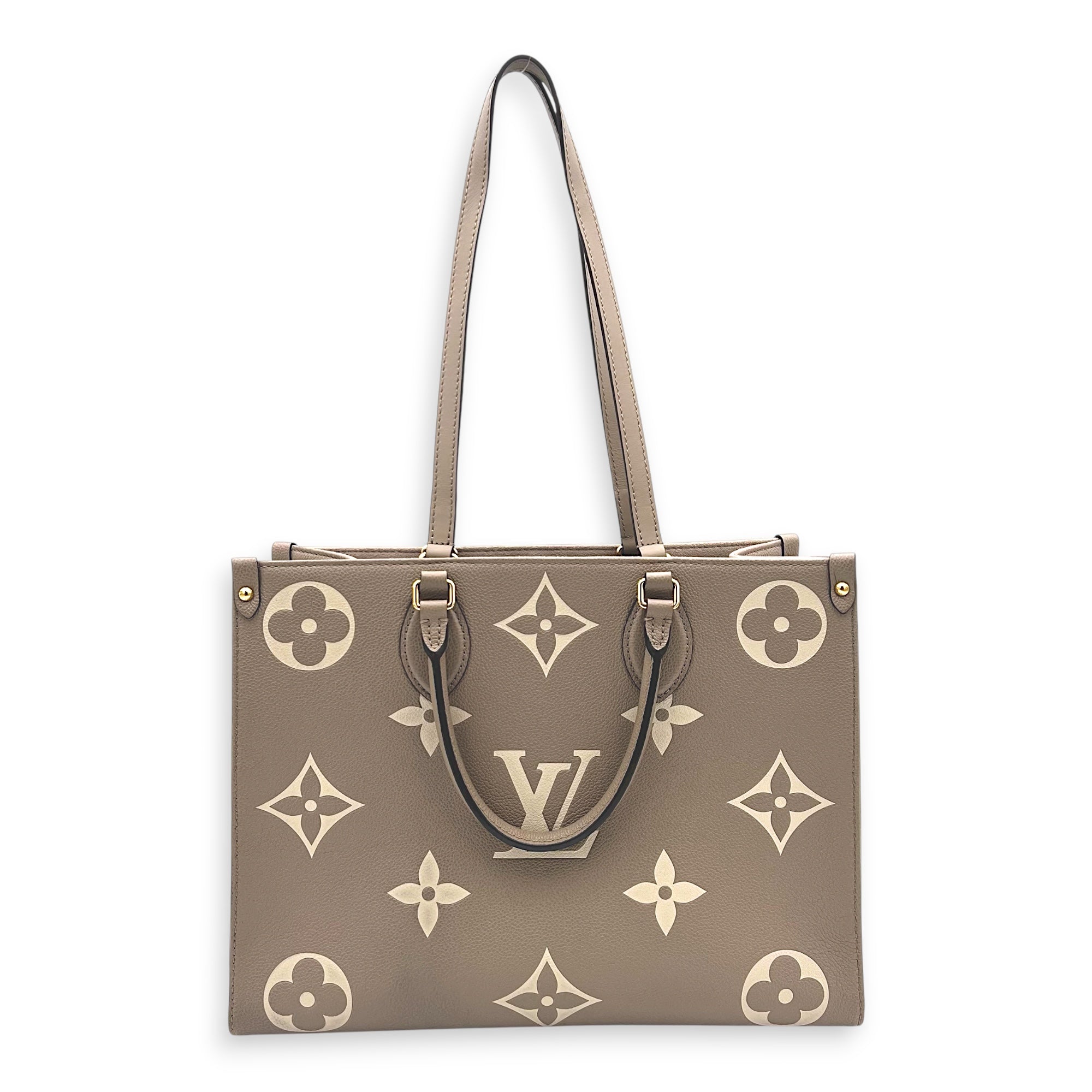 OnTheGo Top Handle Bag MM Beige in Empreinte Leather, Gold hardware
