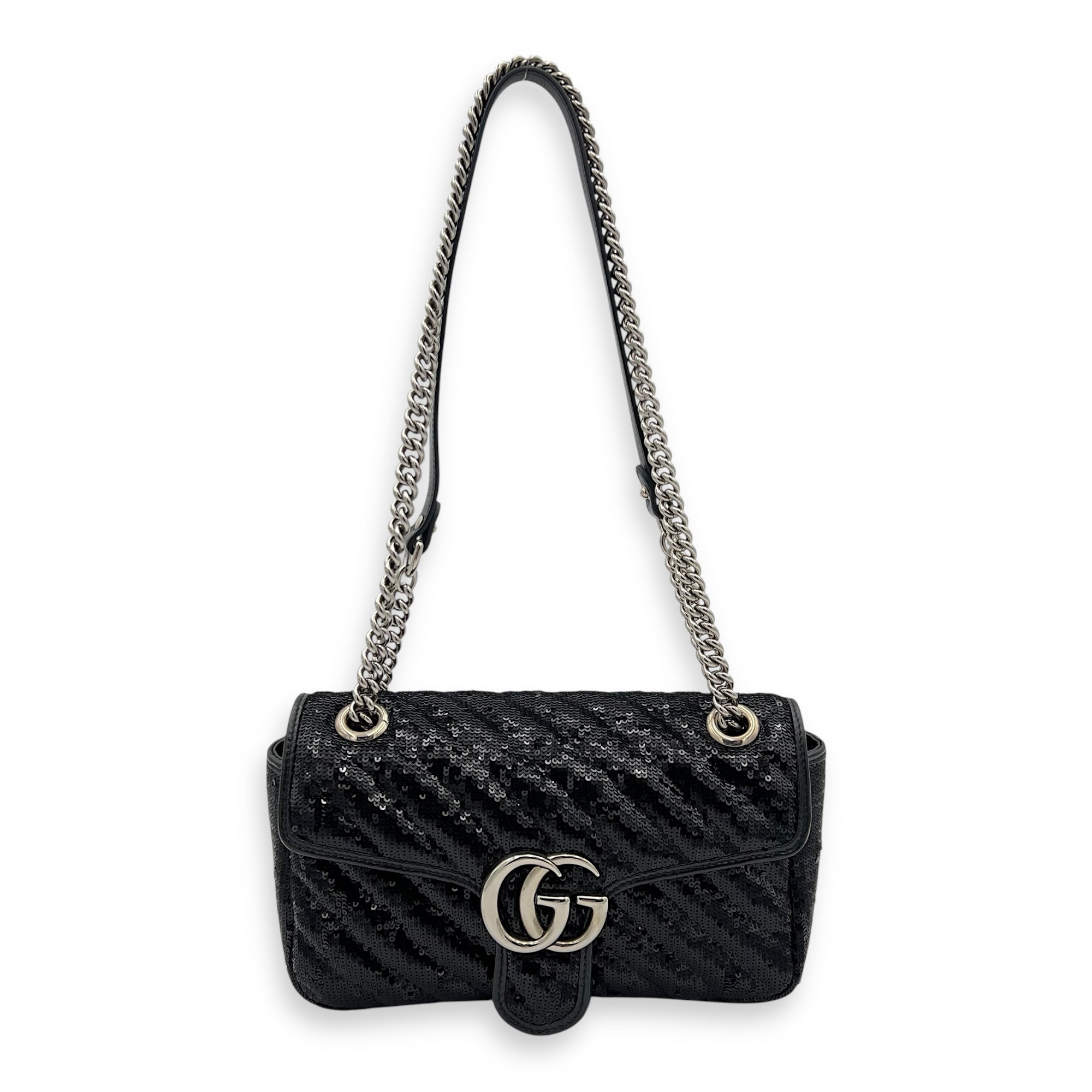 GG Marmont Shoulder Bag Black in Sequins, Silver hardware