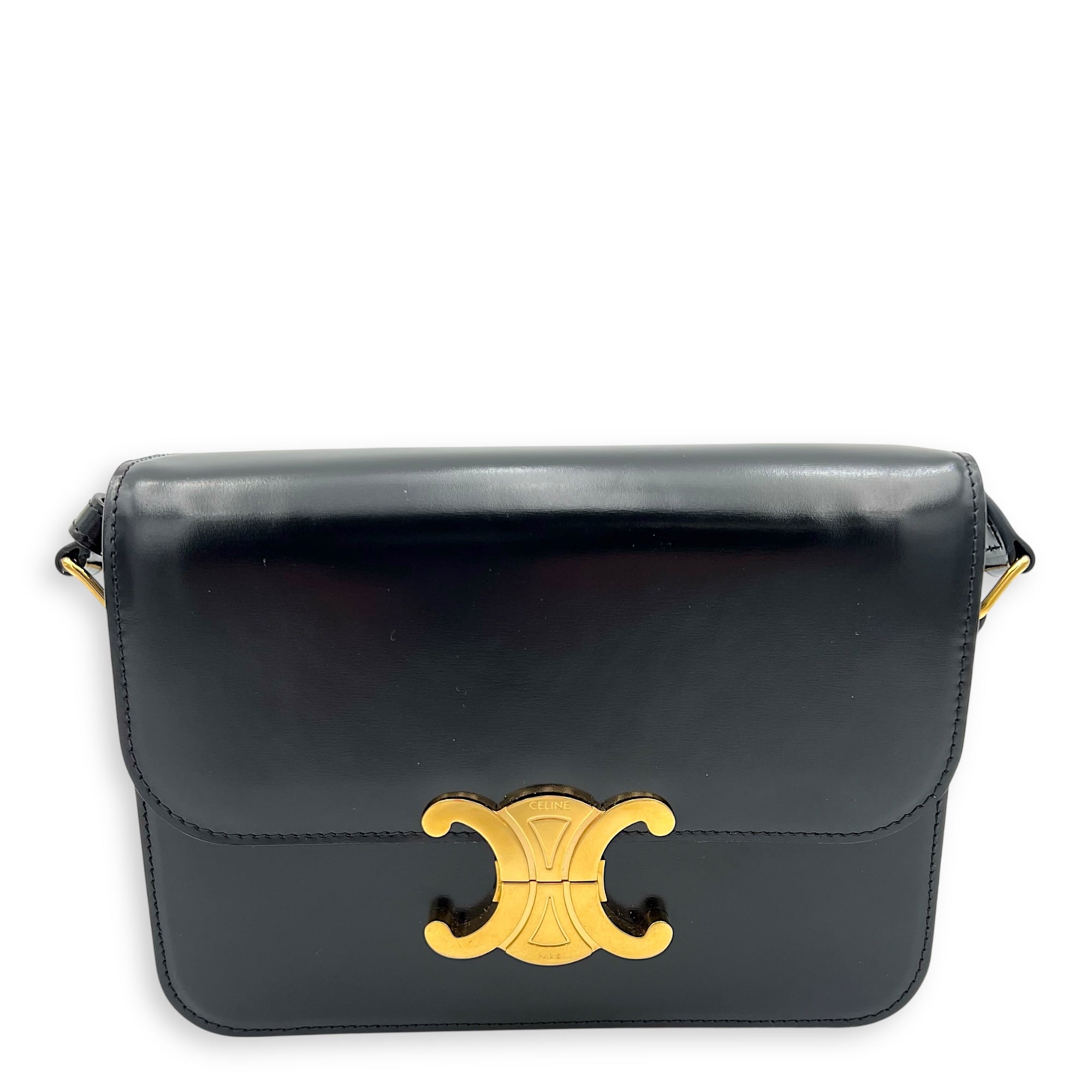 Triomphe Shoulder Bag Black in Calfskin, Gold hardware