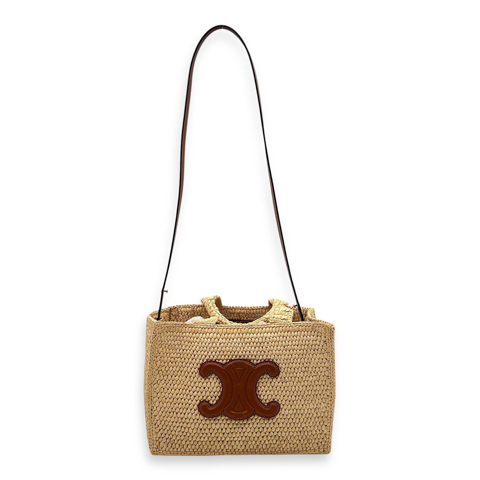 Triomphe Tote Bag Brown in Raffia, Gold hardware