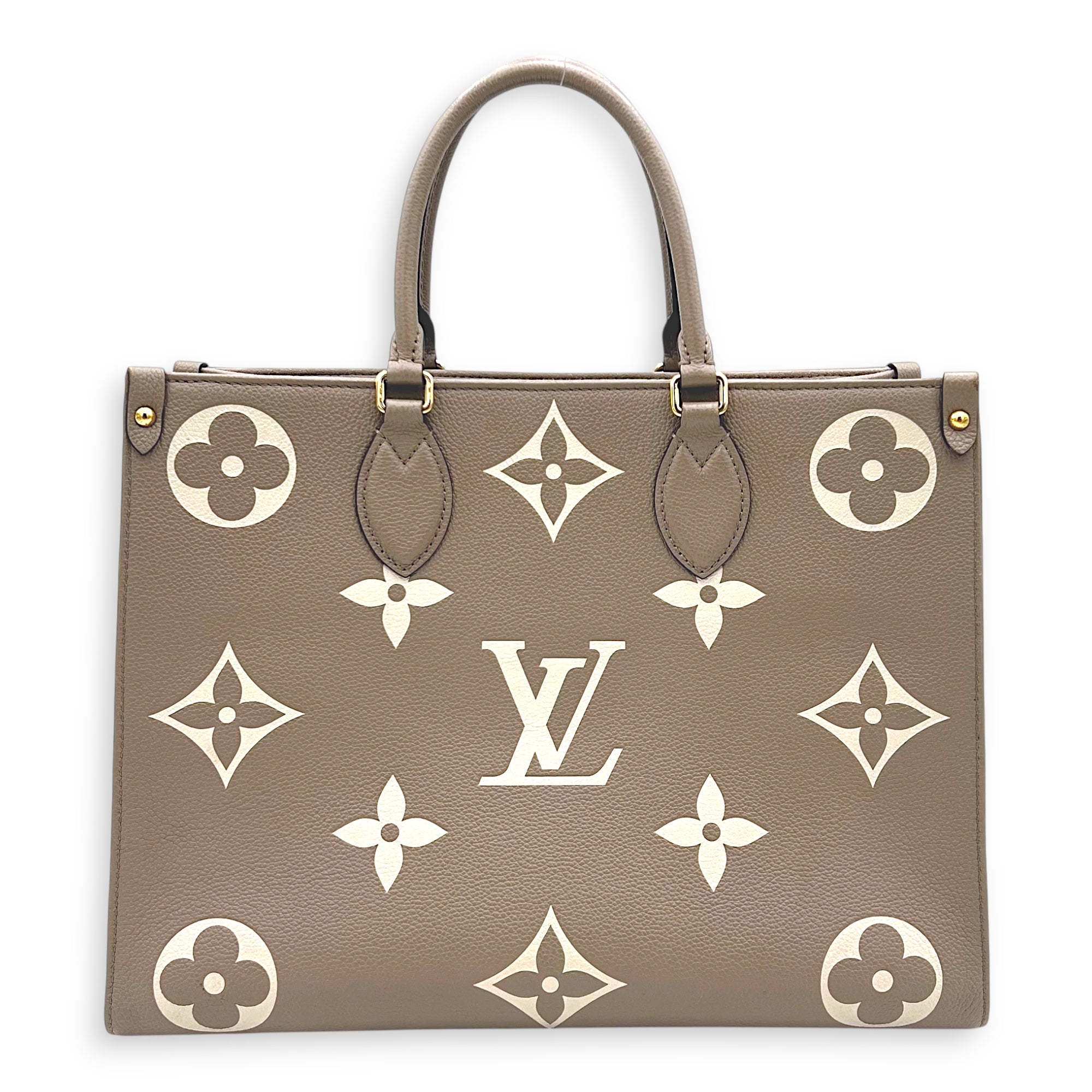 OnTheGo Top Handle Bag MM Beige in Monogram Empreinte Leather, Gold hardware