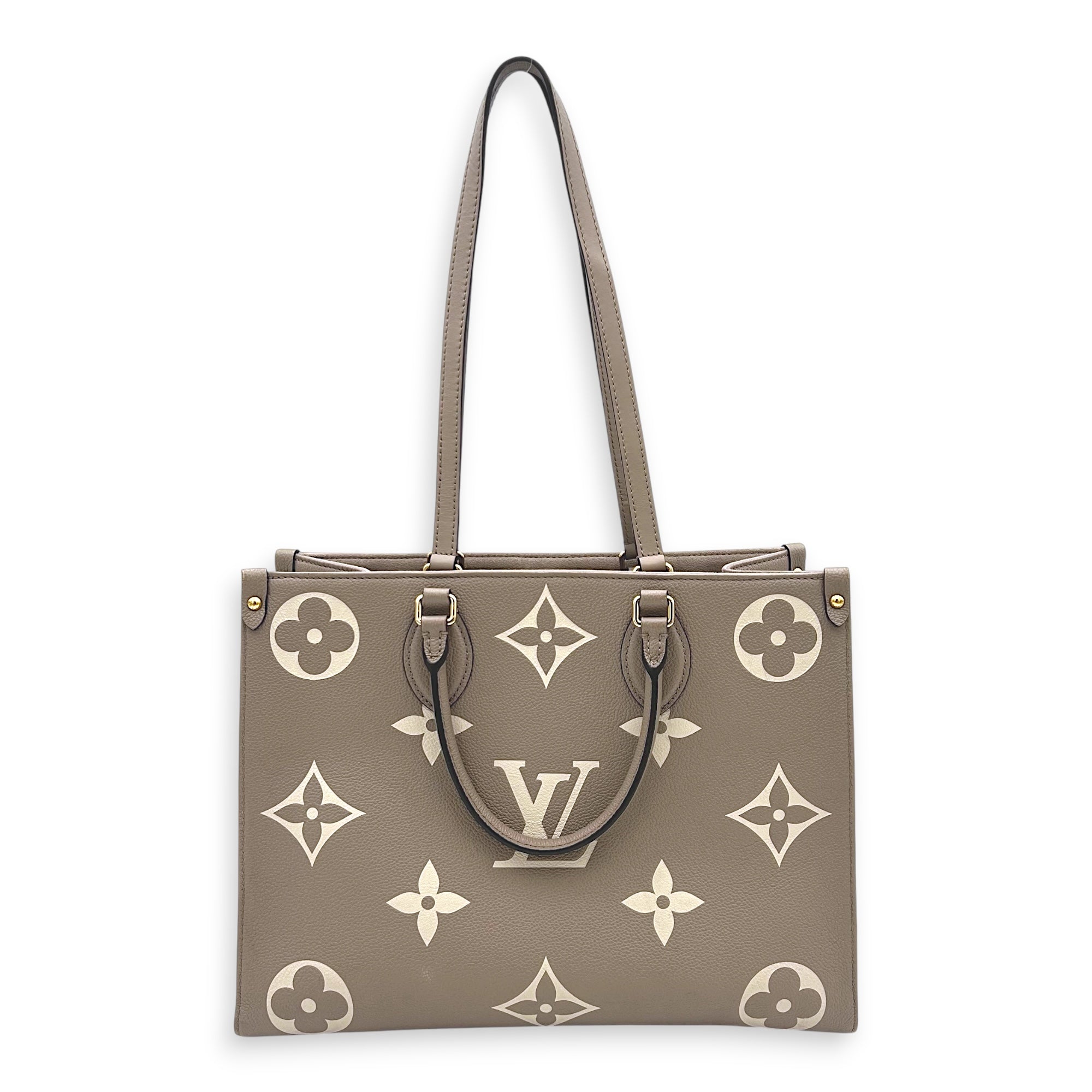 OnTheGo Top Handle Bag MM Beige in Monogram Empreinte Leather, Gold hardware