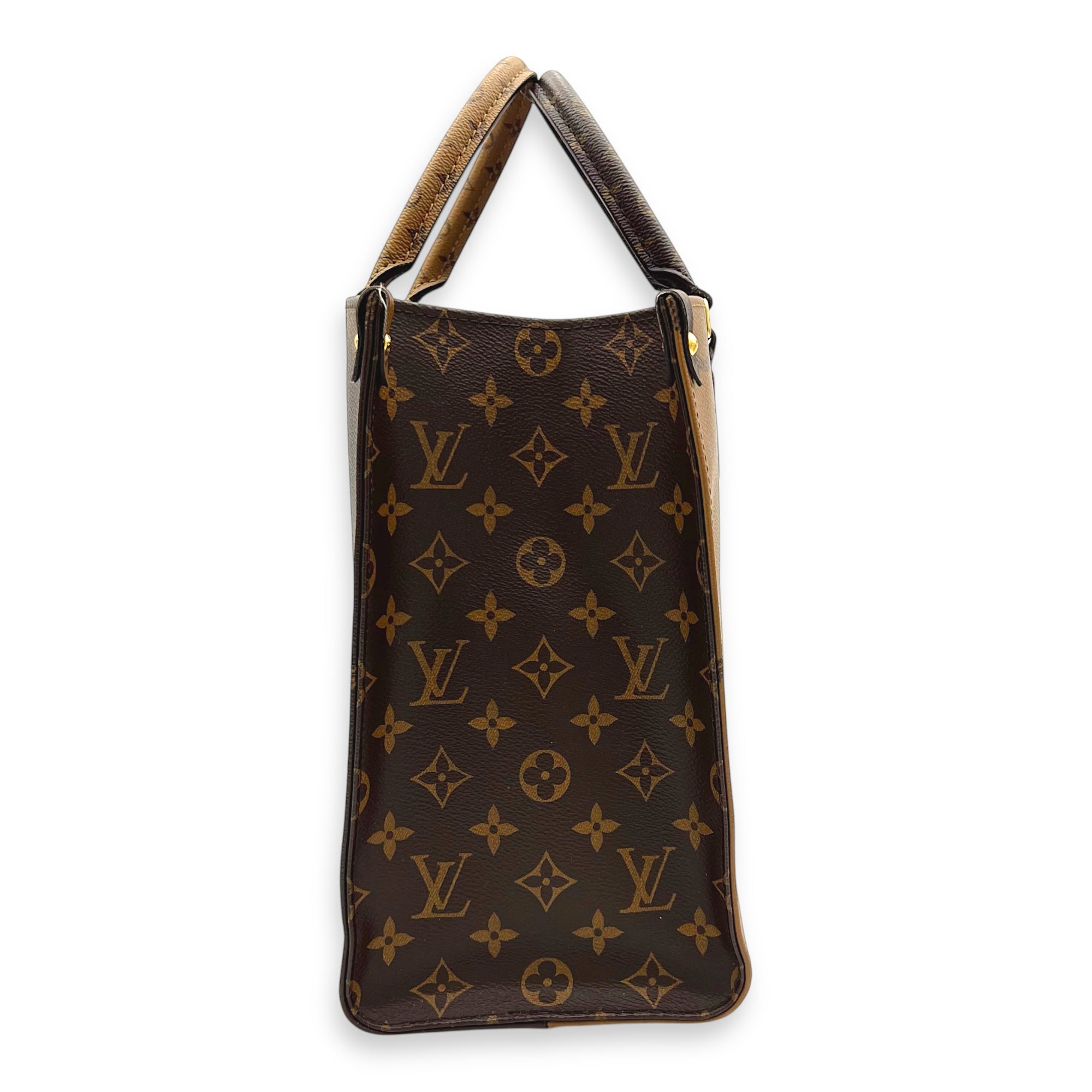 OnTheGo MM Brown Top Handle Bag in Monogram Coated Canvas, Gold hardware