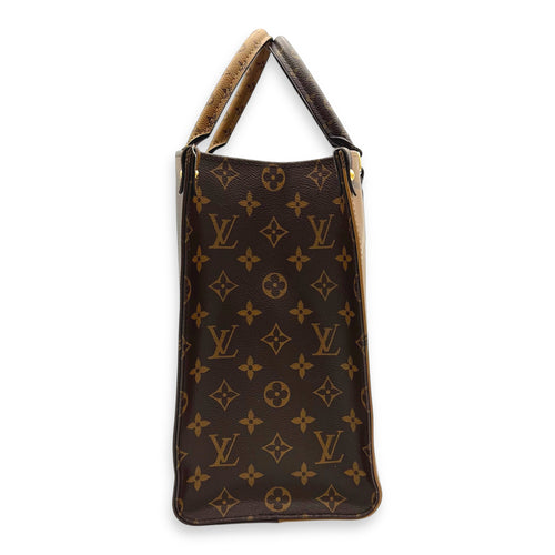 OnTheGo MM Brown Top Handle Bag in Monogram Coated Canvas, Gold hardware