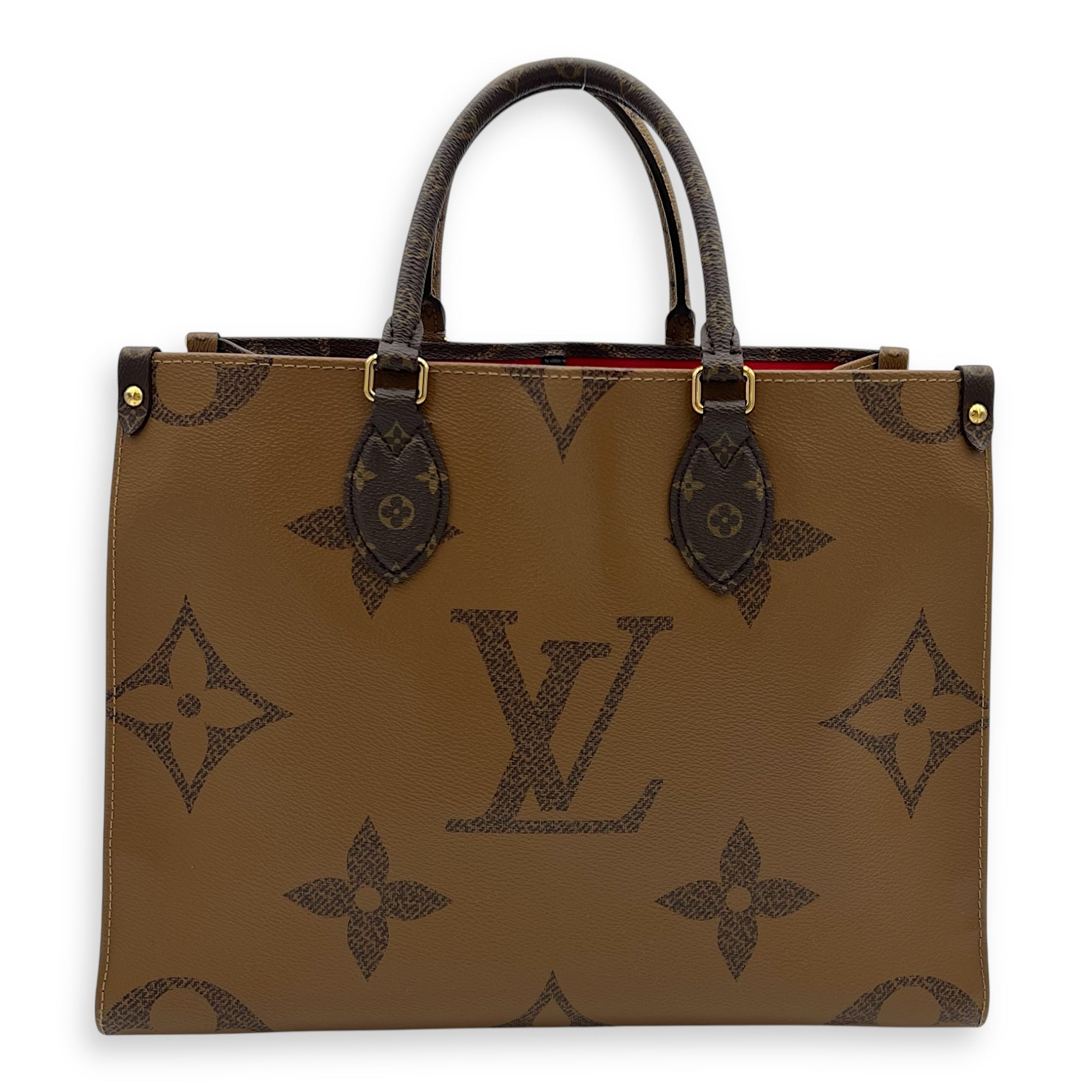 OnTheGo MM Brown Top Handle Bag in Monogram Coated Canvas, Gold hardware