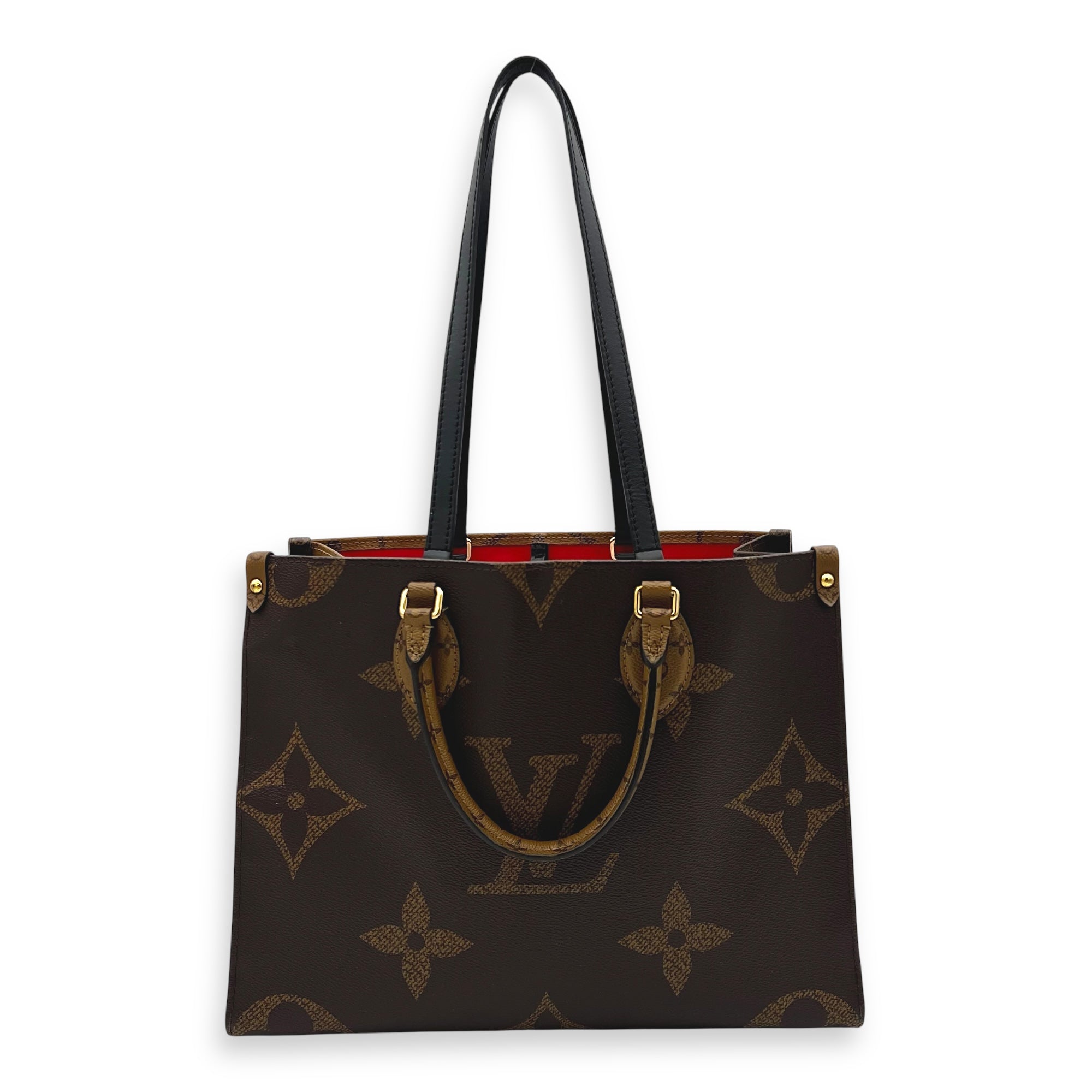 OnTheGo MM Brown Top Handle Bag in Monogram Coated Canvas, Gold hardware