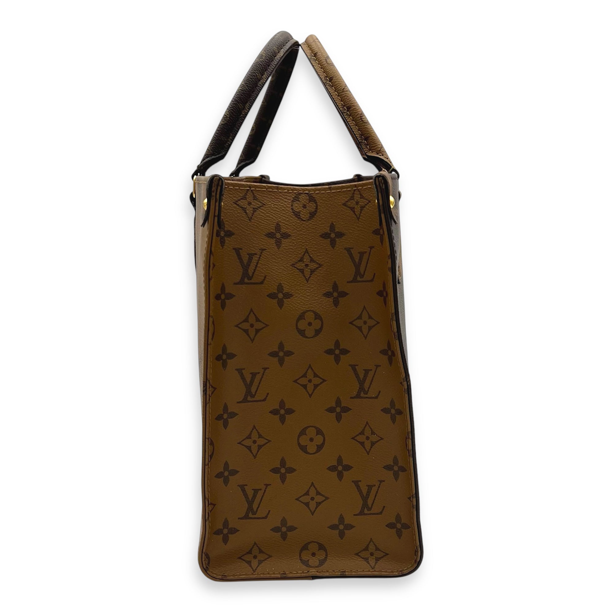 OnTheGo MM Brown Top Handle Bag in Monogram Coated Canvas, Gold hardware