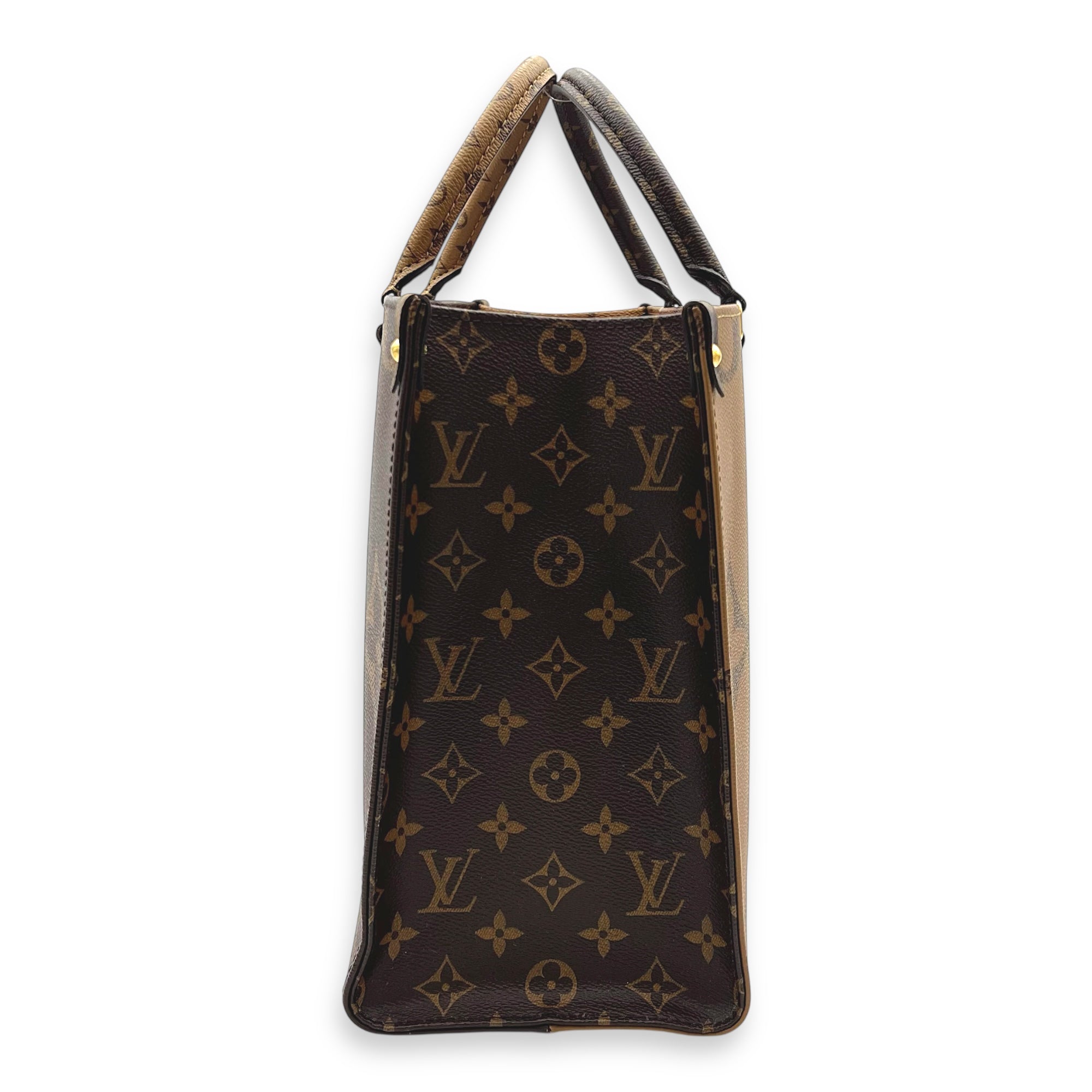 OnTheGo MM Brown Top Handle Bag in Monogram Coated Canvas, Gold hardware