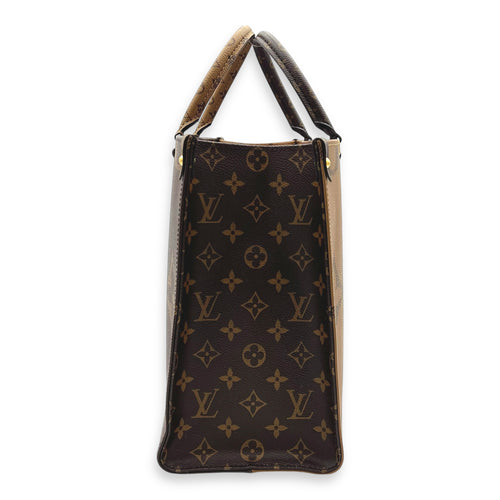 OnTheGo MM Brown Top Handle Bag in Monogram Coated Canvas, Gold hardware