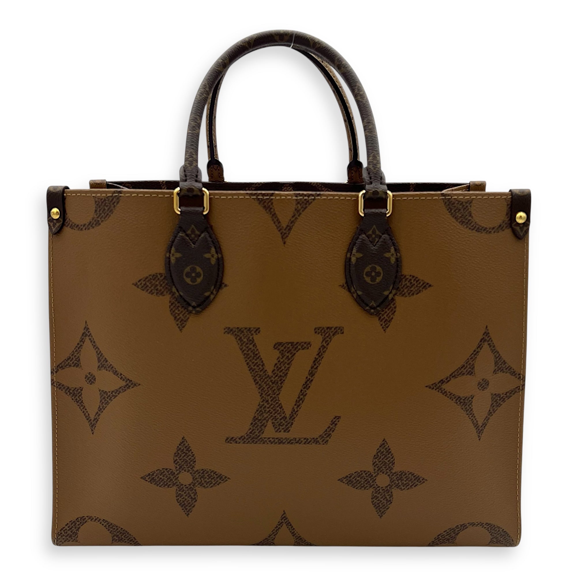 OnTheGo MM Brown Top Handle Bag in Monogram Coated Canvas, Gold hardware
