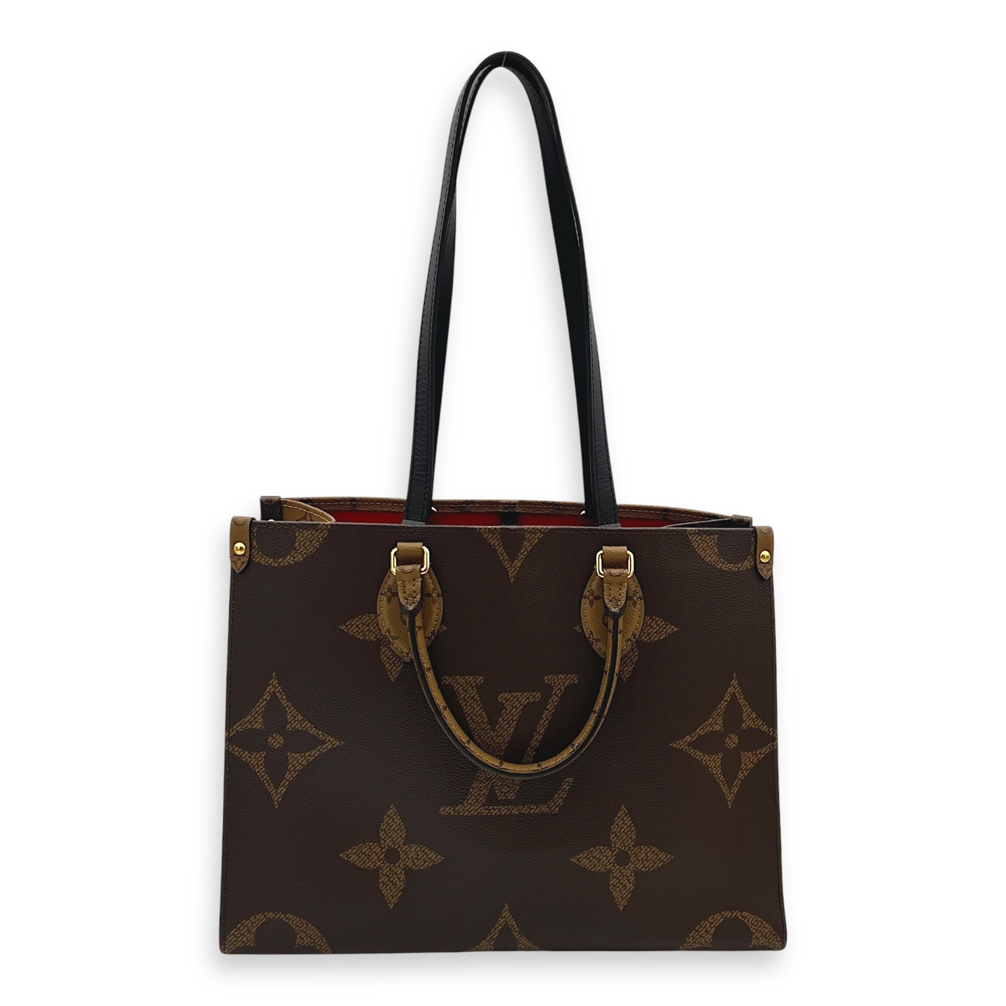 OnTheGo MM Brown Top Handle Bag in Monogram Coated Canvas, Gold hardware
