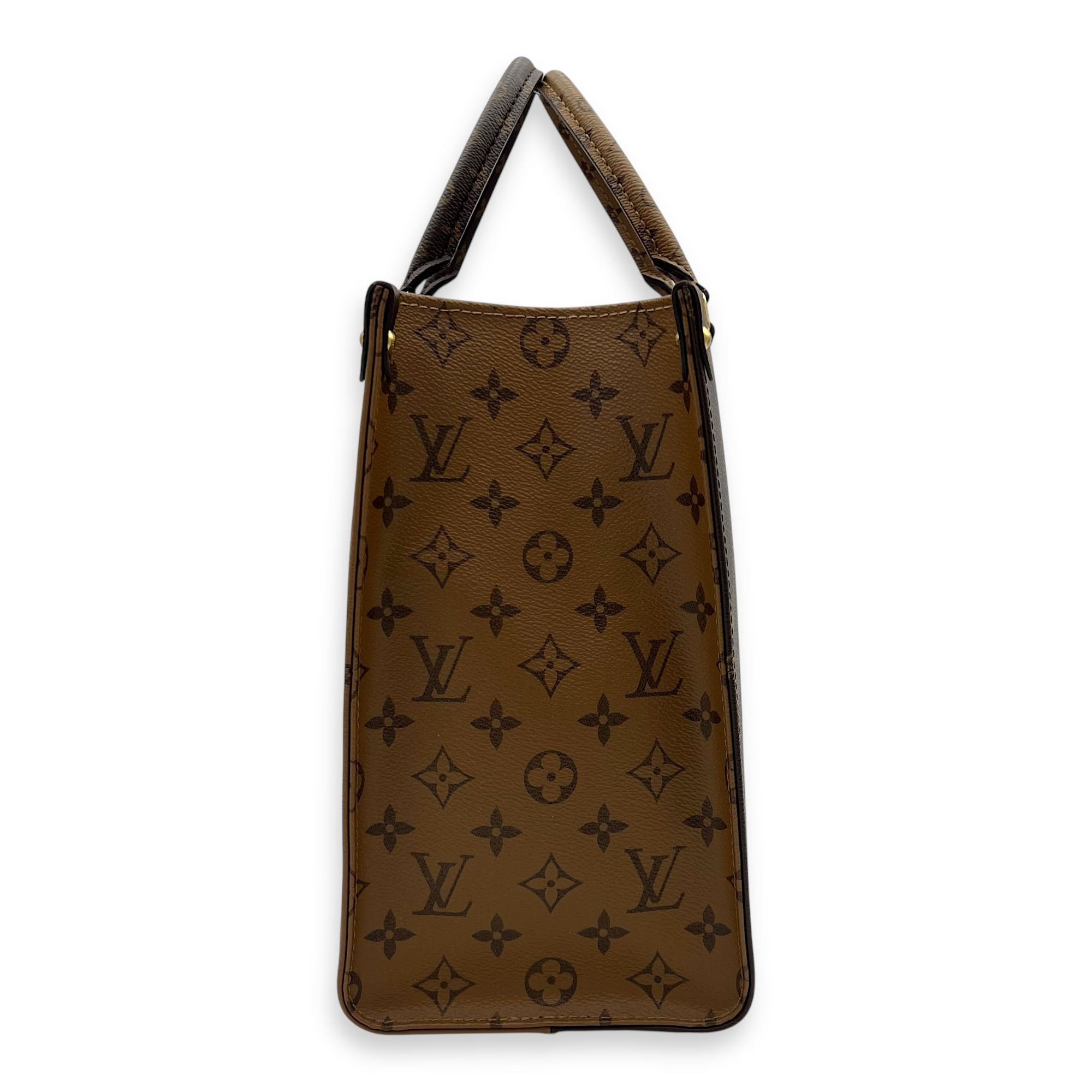 OnTheGo MM Brown Top Handle Bag in Monogram Coated Canvas, Gold hardware