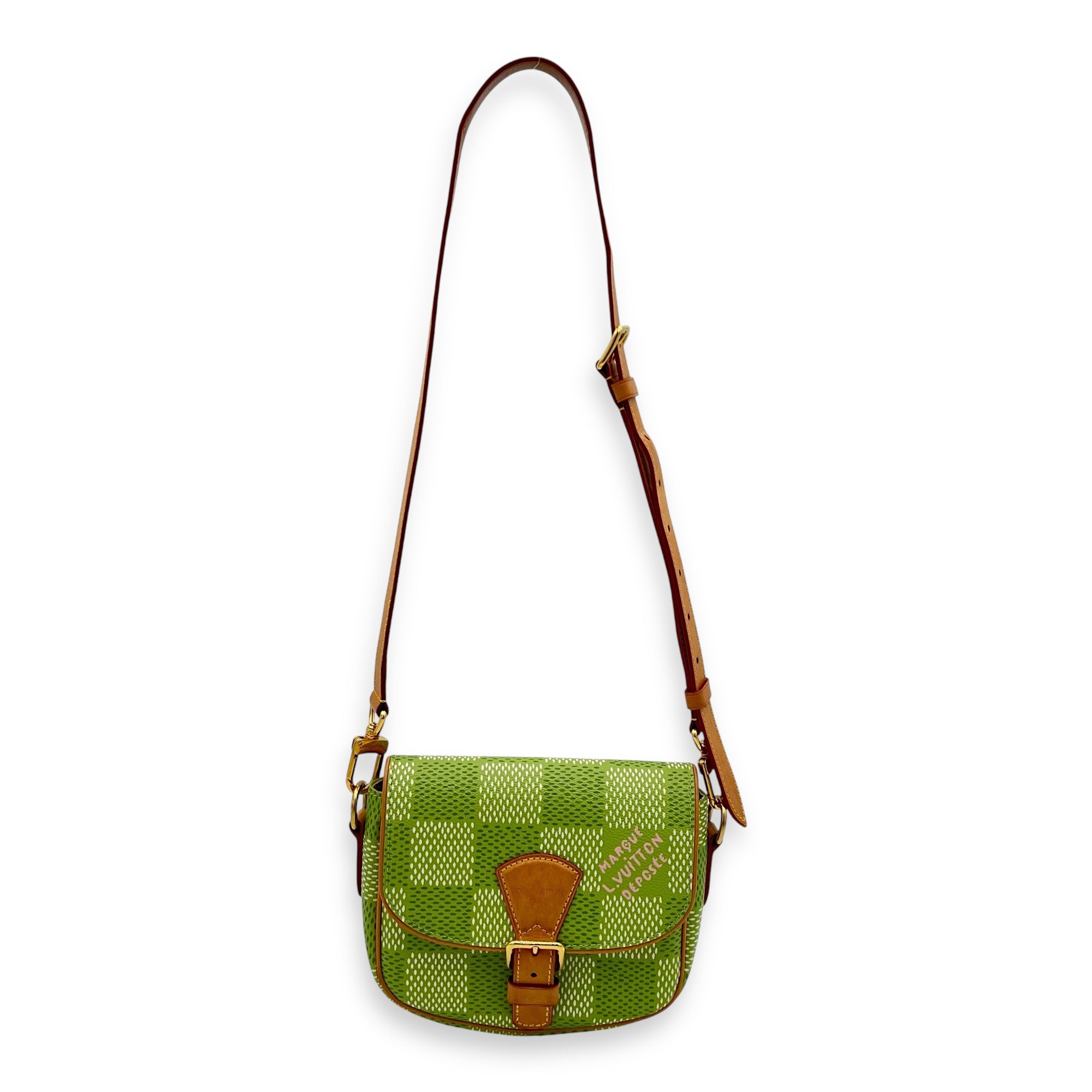 Montsouris Crossbody Bag Green in Coated Canvas, Gold hardware