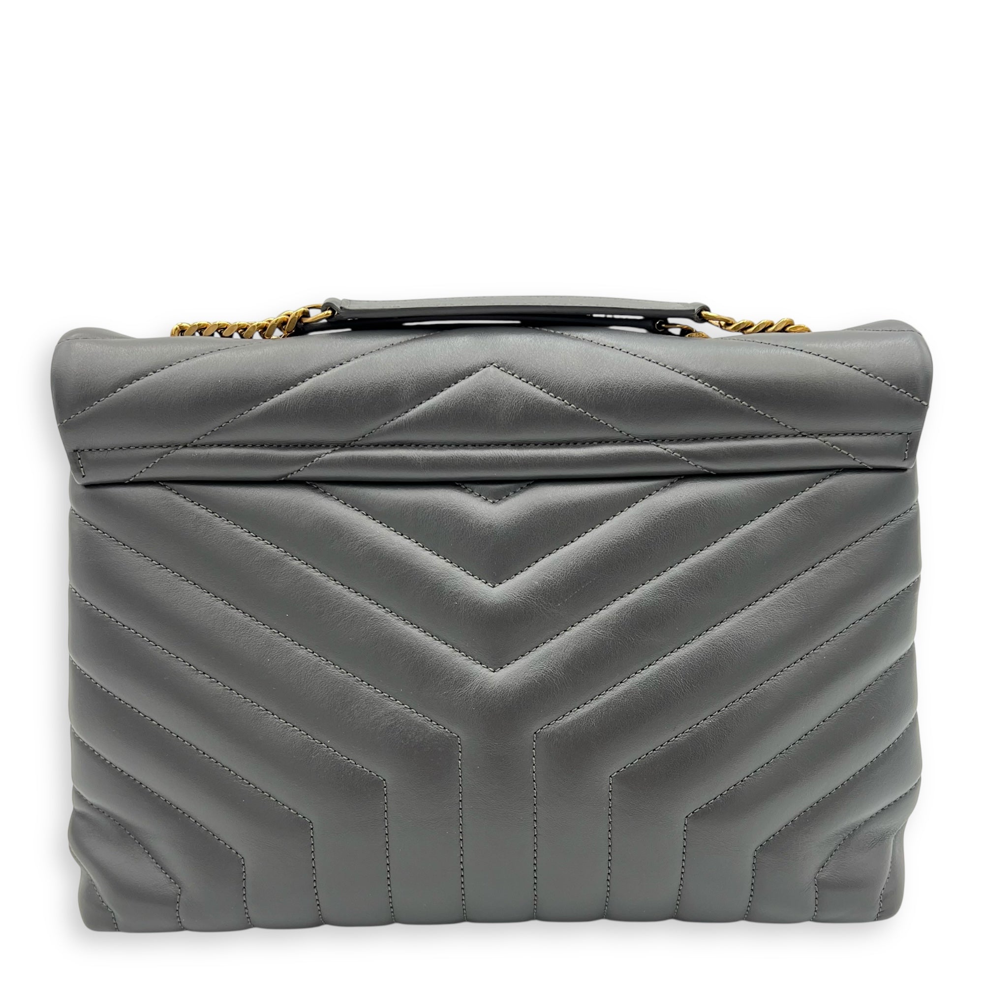 Loulou Medium Grey Shoulder Bag in Calfskin, Gold hardware