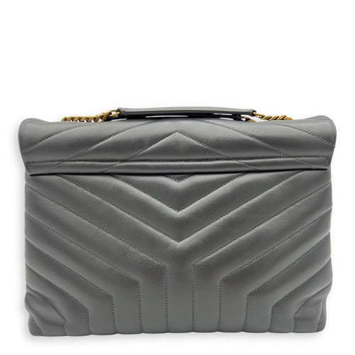 Loulou Medium Grey Shoulder Bag in Calfskin, Gold hardware