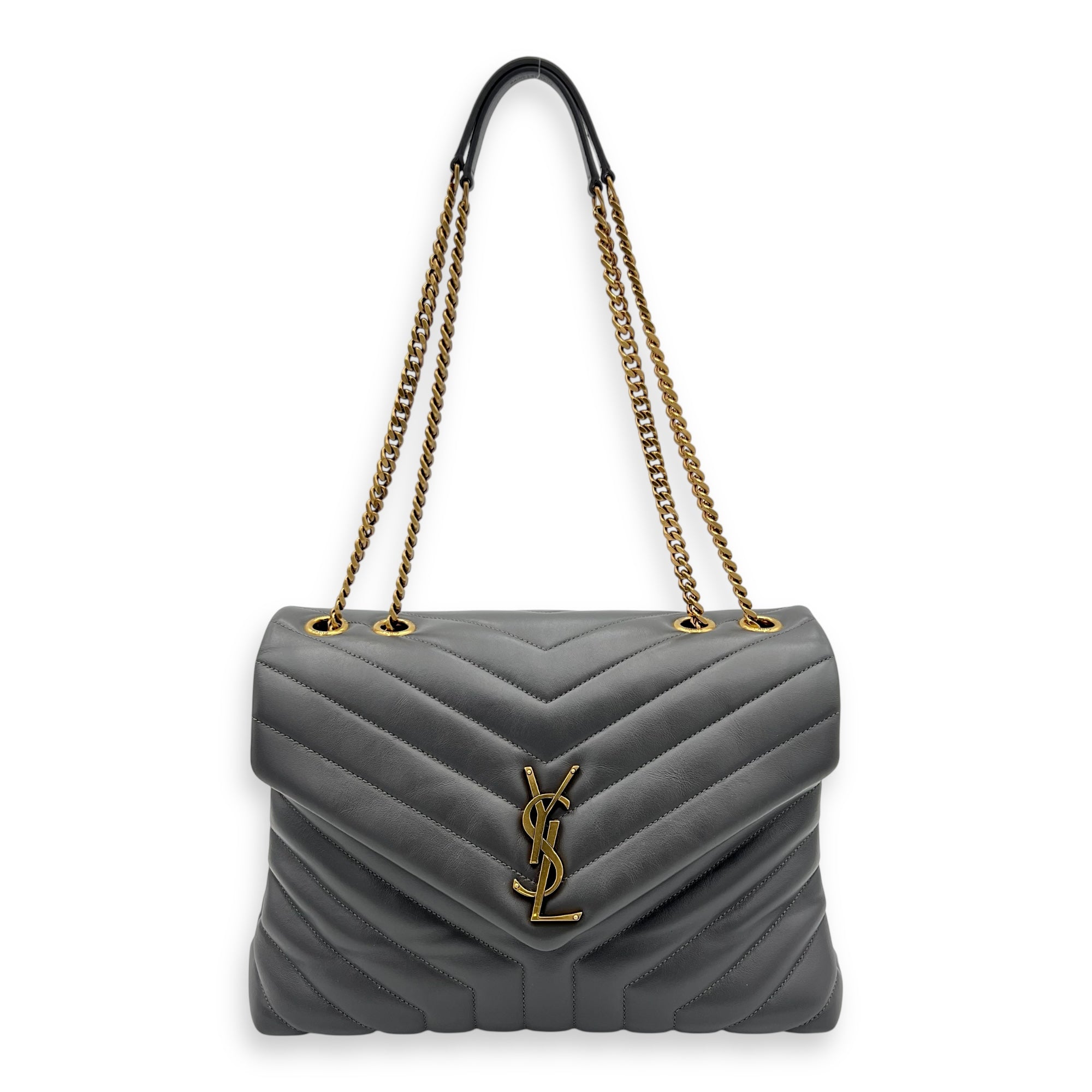 Loulou Medium Grey Shoulder Bag in Calfskin, Gold hardware