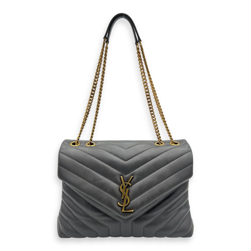 Loulou Medium Grey Shoulder Bag in Calfskin, Gold hardware