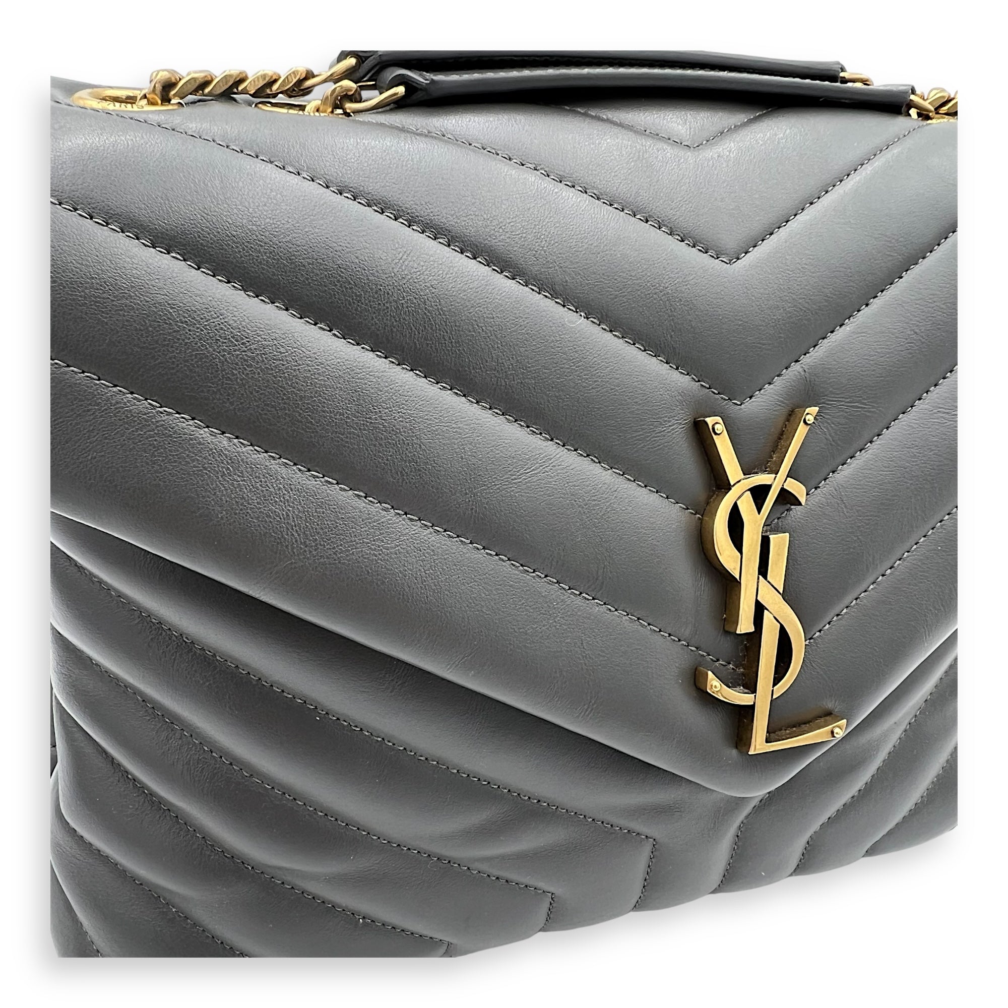 Loulou Medium Grey Shoulder Bag in Calfskin, Gold hardware