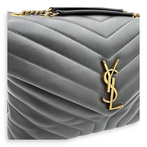 Loulou Medium Grey Shoulder Bag in Calfskin, Gold hardware