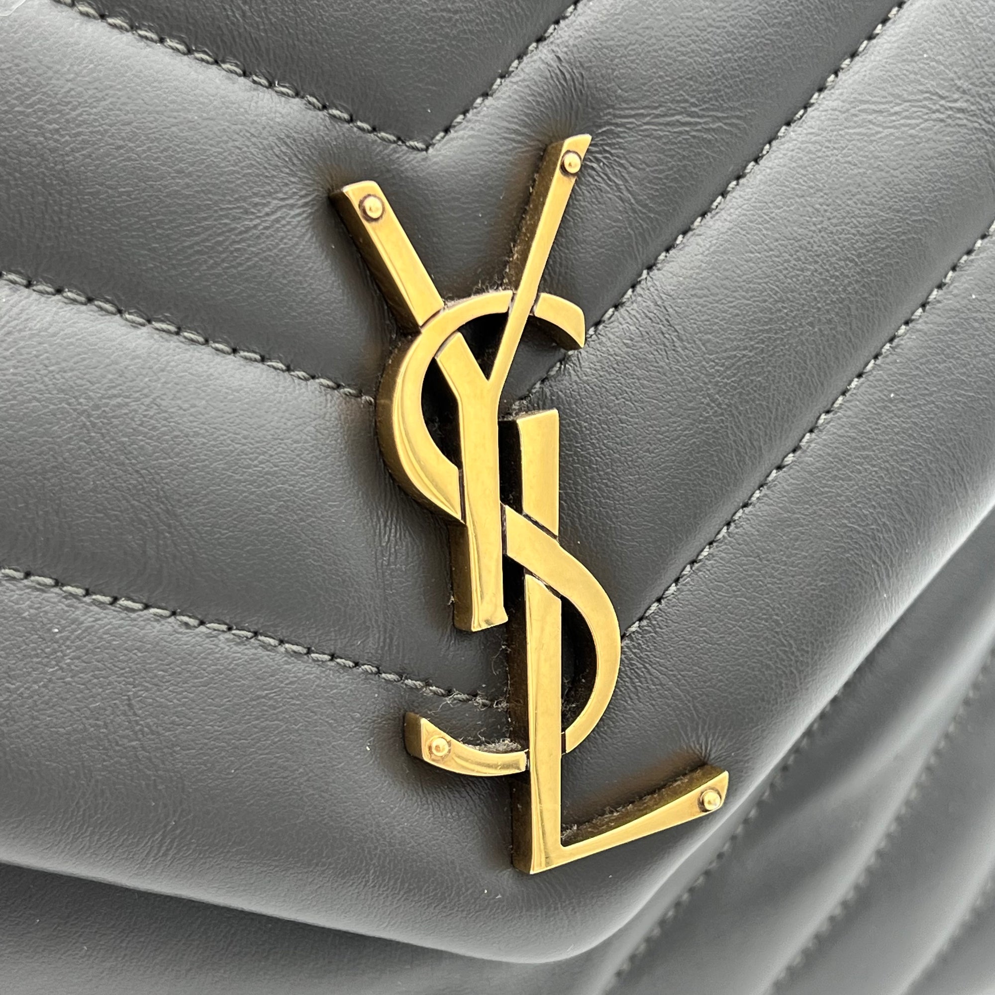 Loulou Medium Grey Shoulder Bag in Calfskin, Gold hardware