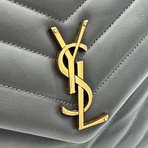 Loulou Medium Grey Shoulder Bag in Calfskin, Gold hardware