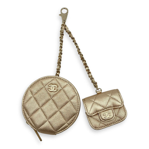 VIP Gift Round Pouch and Airpods Holder Charm Gold in Calfskin, Gold hardware