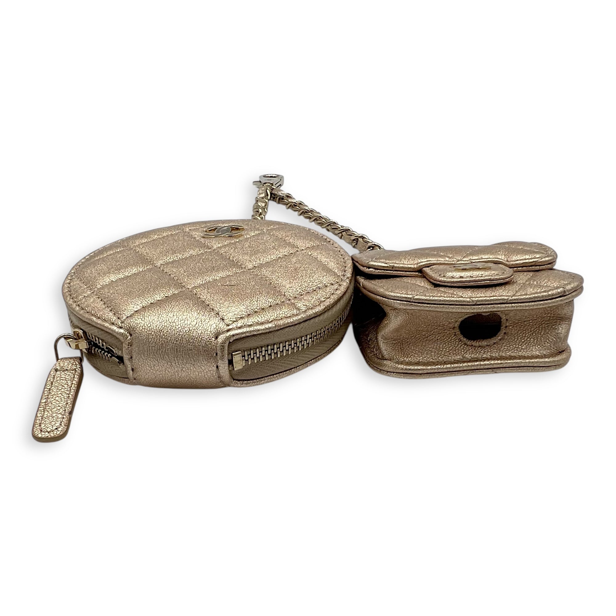 VIP Gift Round Pouch and Airpods Holder Charm Gold in Calfskin, Gold hardware