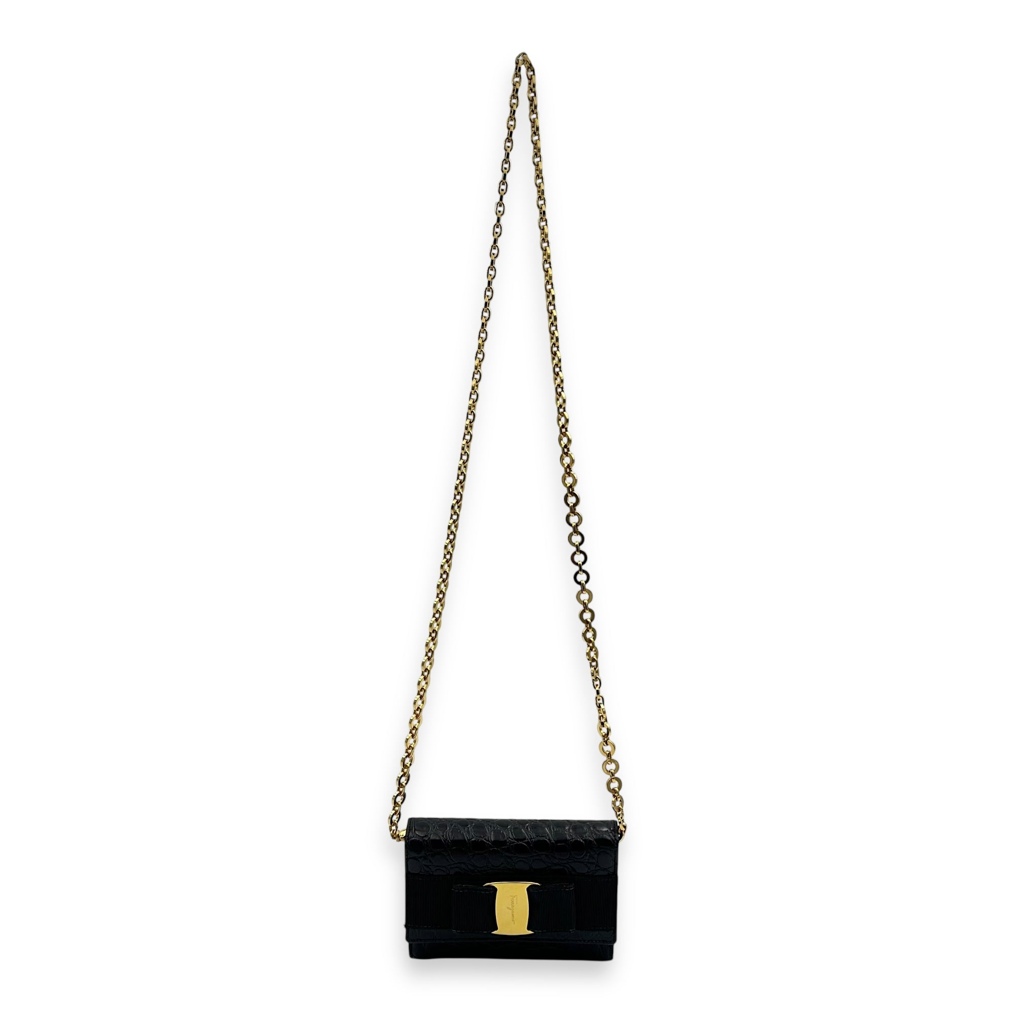 Vara Bow Shoulder Bag Black in Crocodile Leather, Gold hardware