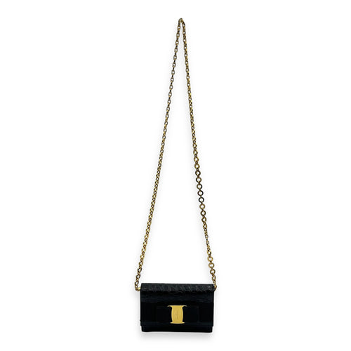 Vara Bow Shoulder Bag Black in Crocodile Leather, Gold hardware