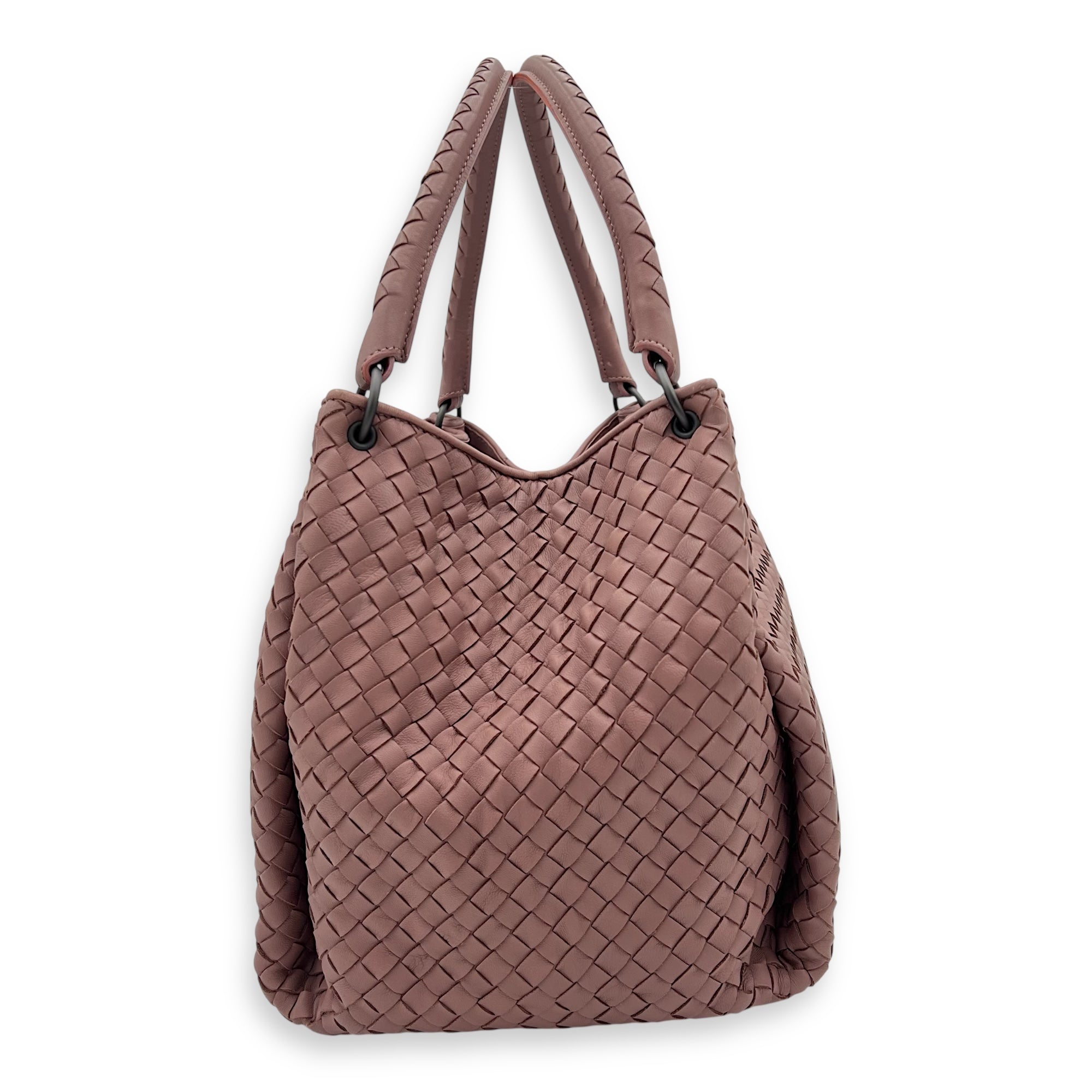 Intrecciato Shoulder Bag Pink in Calfskin, Ruthenium hardware