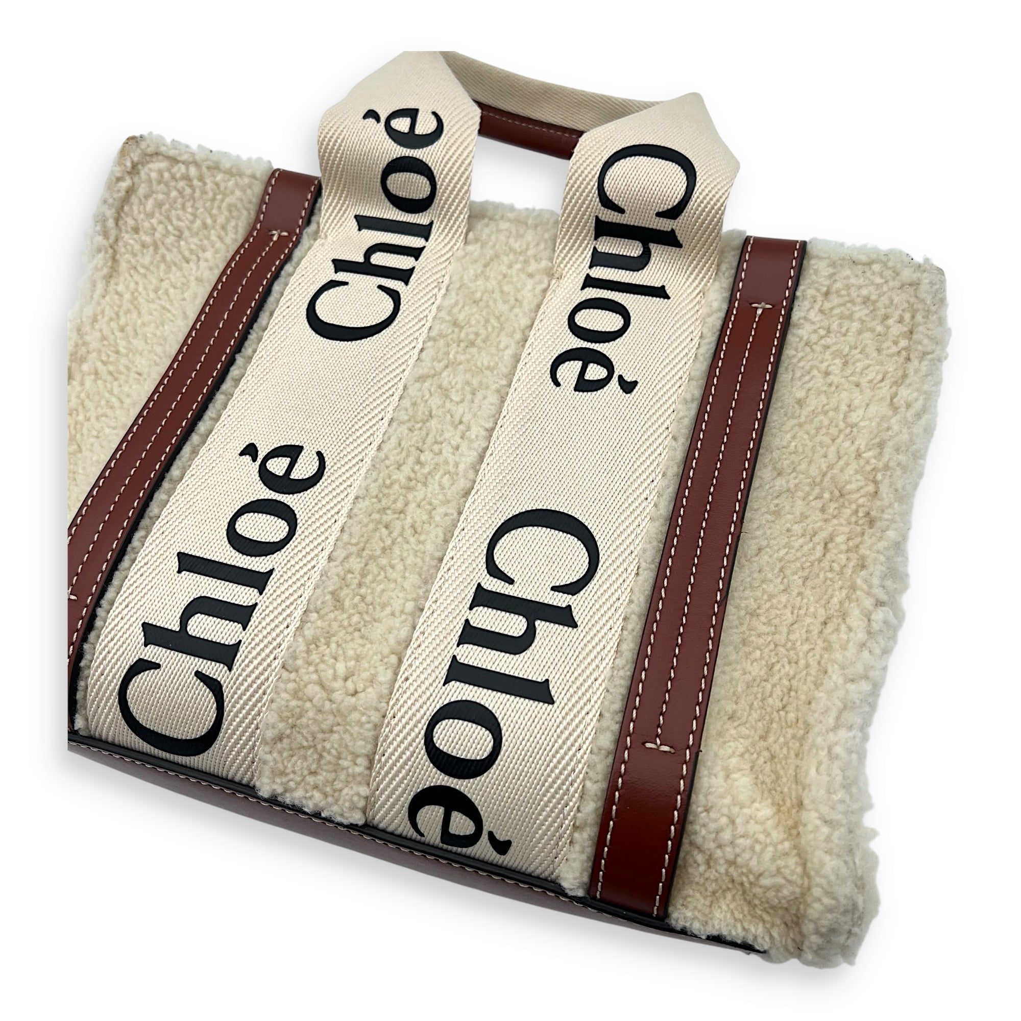 Woody Tote Bag Small Beige in Wool, Gold hardware