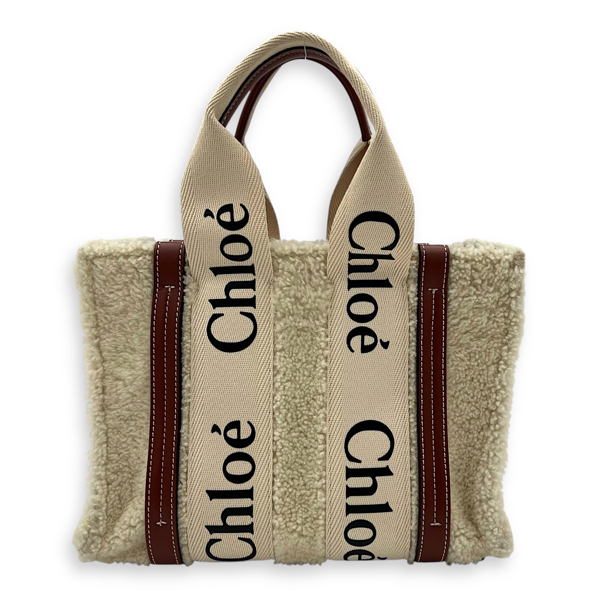Woody Tote Bag Small Beige in Wool, Gold hardware