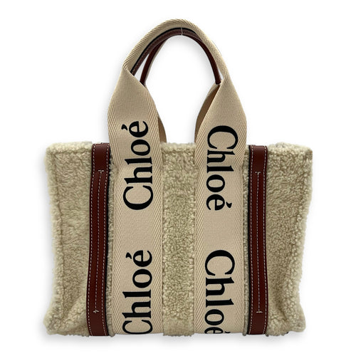 Woody Tote Bag Small Beige in Wool, Gold hardware