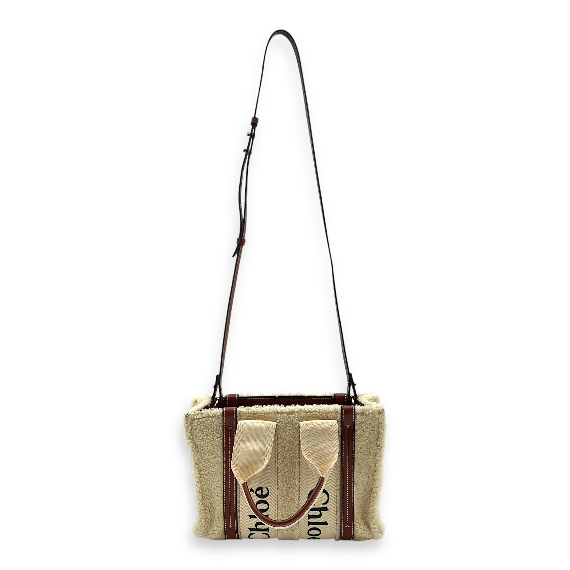 Woody Tote Bag Small Beige in Wool, Gold hardware