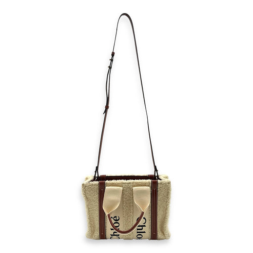 Woody Tote Bag Small Beige in Wool, Gold hardware