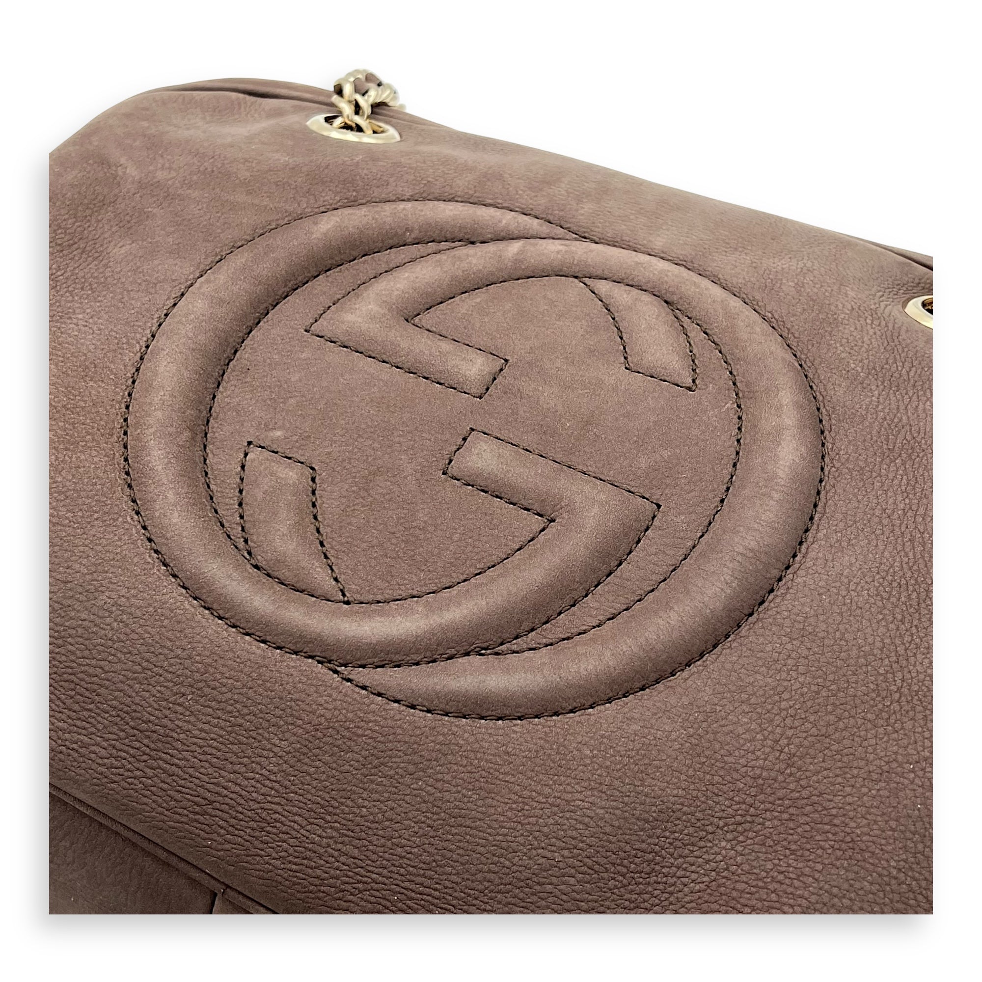 Soho Shoulder Bag Brown in Suede Leather, Gold hardware