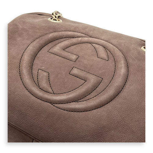 Soho Shoulder Bag Brown in Suede Leather, Gold hardware