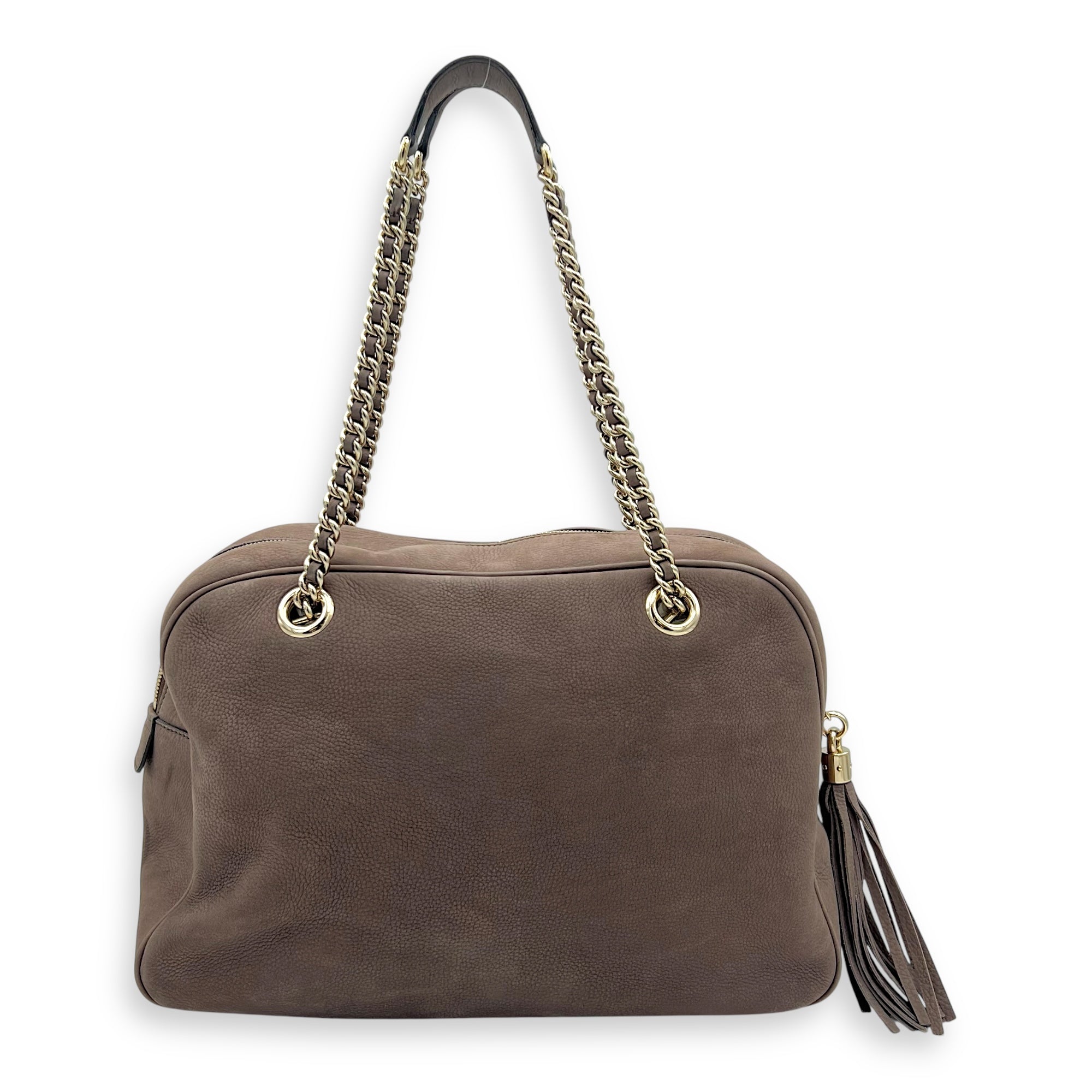 Soho Shoulder Bag Brown in Suede Leather, Gold hardware