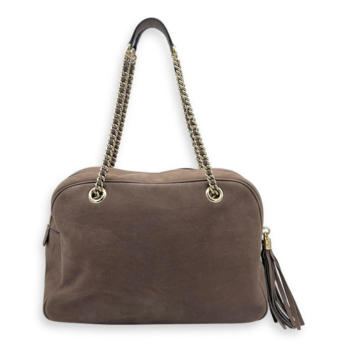 Soho Shoulder Bag Brown in Suede Leather, Gold hardware