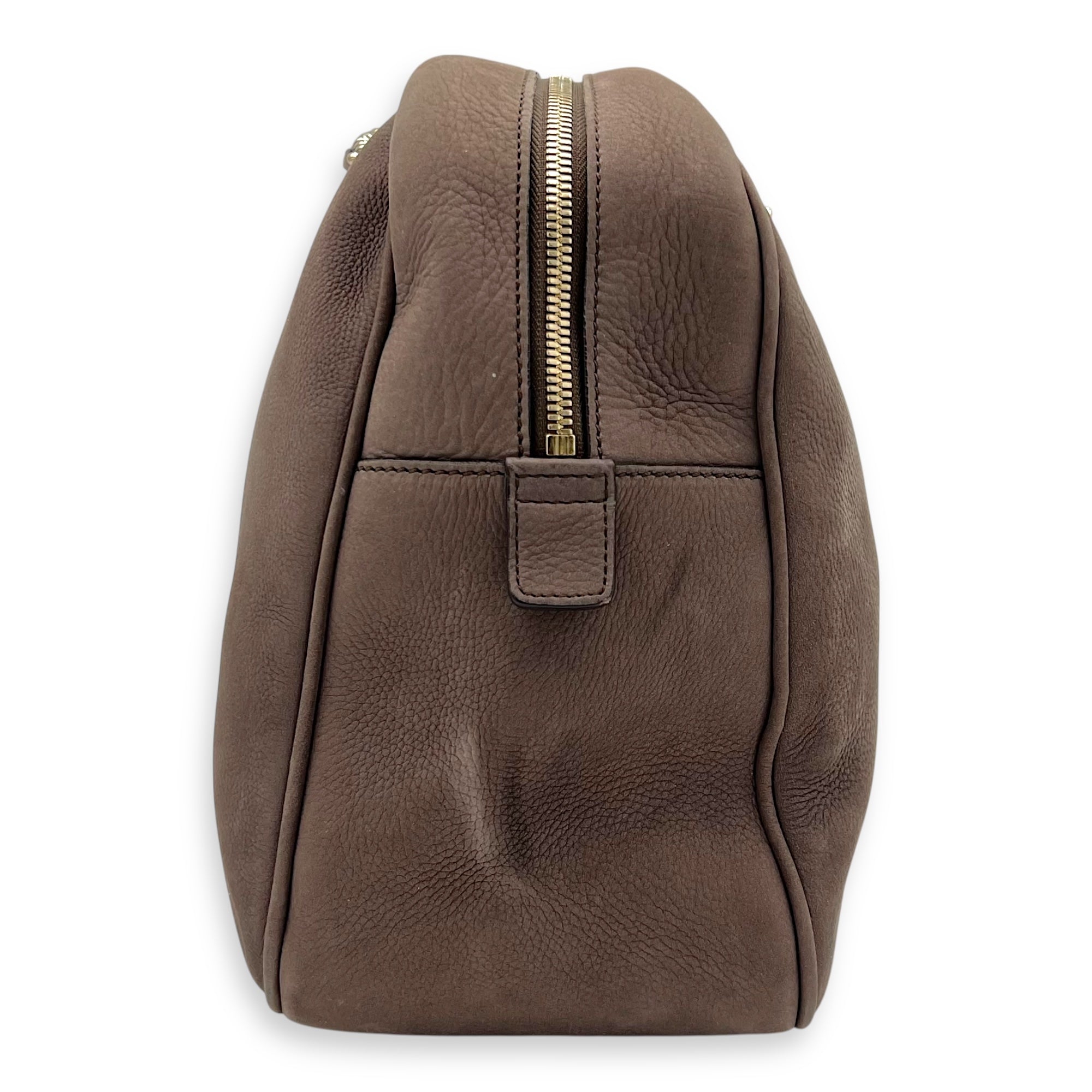 Soho Shoulder Bag Brown in Suede Leather, Gold hardware