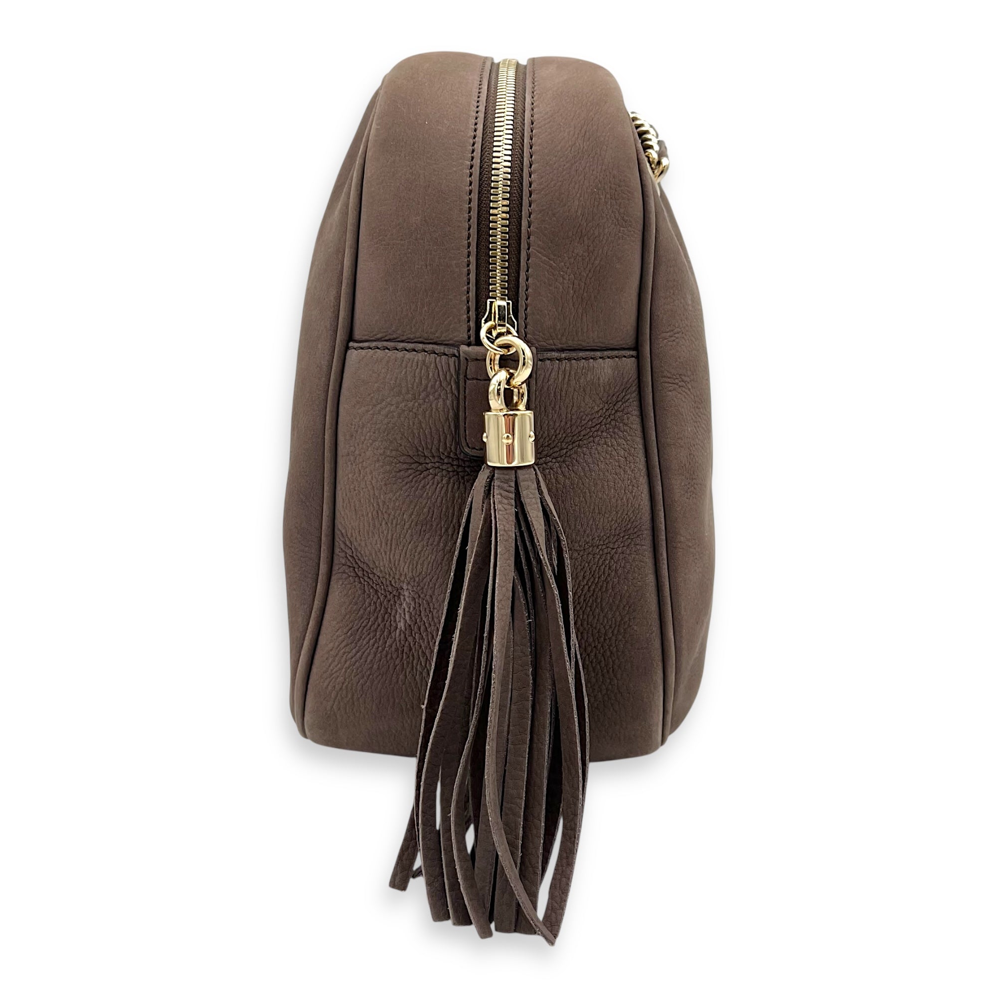 Soho Shoulder Bag Brown in Suede Leather, Gold hardware
