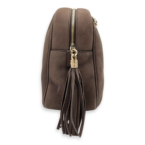 Soho Shoulder Bag Brown in Suede Leather, Gold hardware