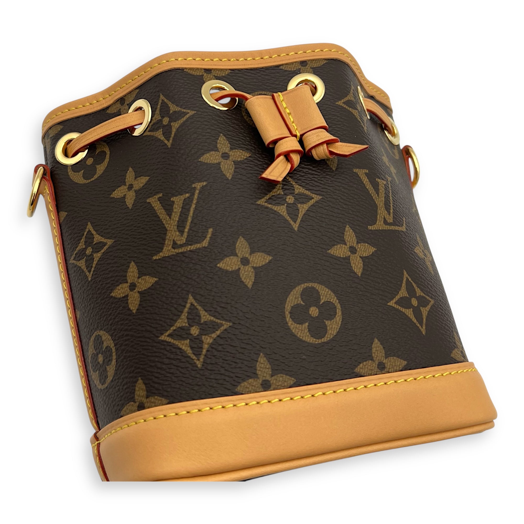 Noe Crossbody Bag Nano Brown in Monogram Coated Canvas, Gold hardware