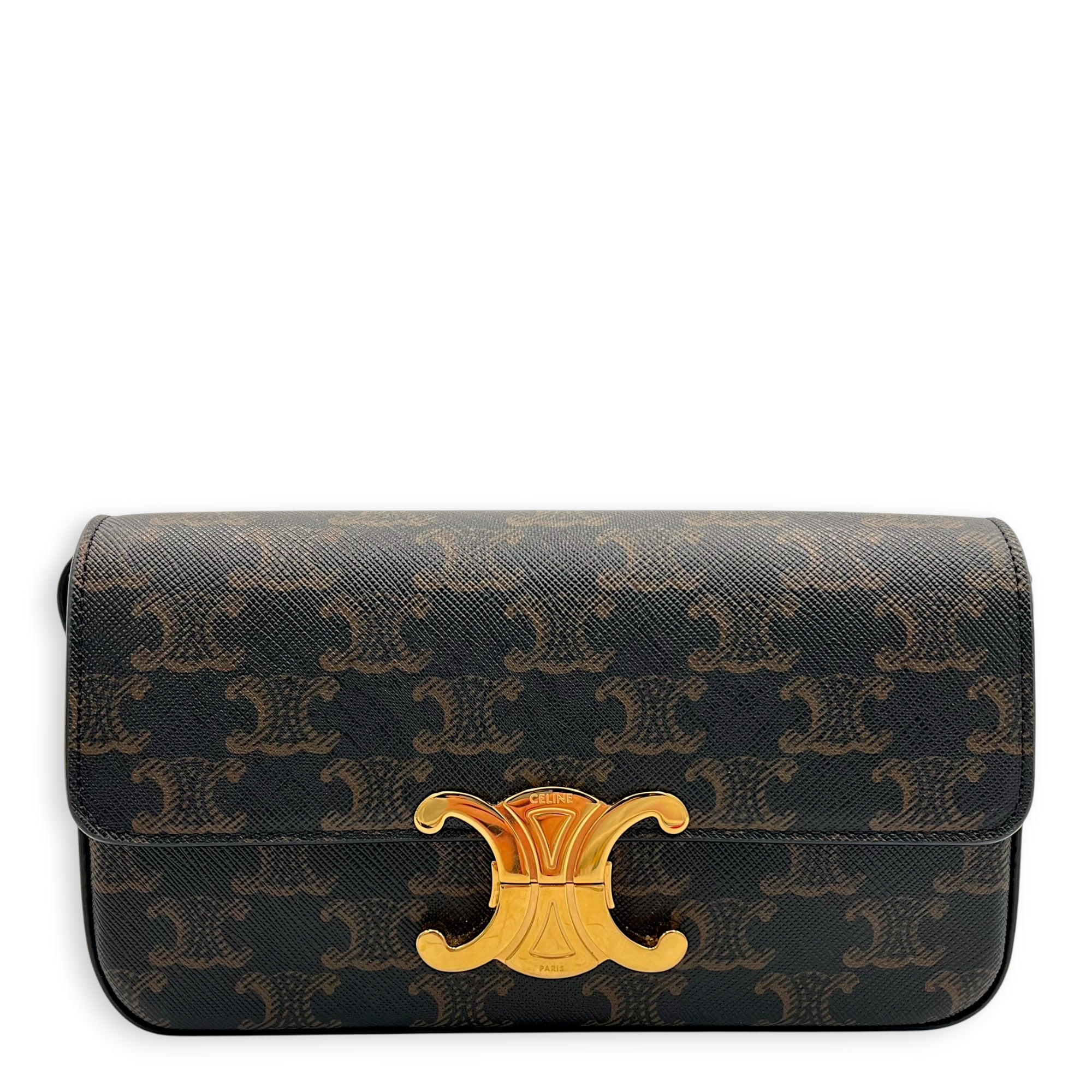 Triomphe Shoulder Bag Brown in Coated Canvas, Gold hardware